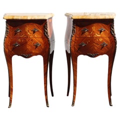 Pair of 2 French Vintage Rosewood Marquetry and Marble Bedside Tables  