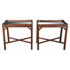 Pair of 2 George III Style Mahogany Gallery Glass Top Side End Tea Tables