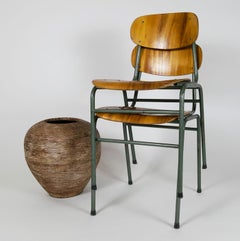 Pair of 2 German School Chairs. Green Metal Beech Plywood