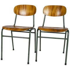 Pair of 2 German School Chairs. Green Metal Beech Plywood 