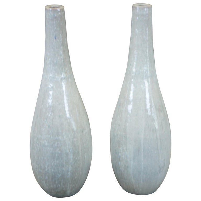 Pair of 2 Gray Ceramic Modern Drip Glaze Tall Floor Vases For Sale