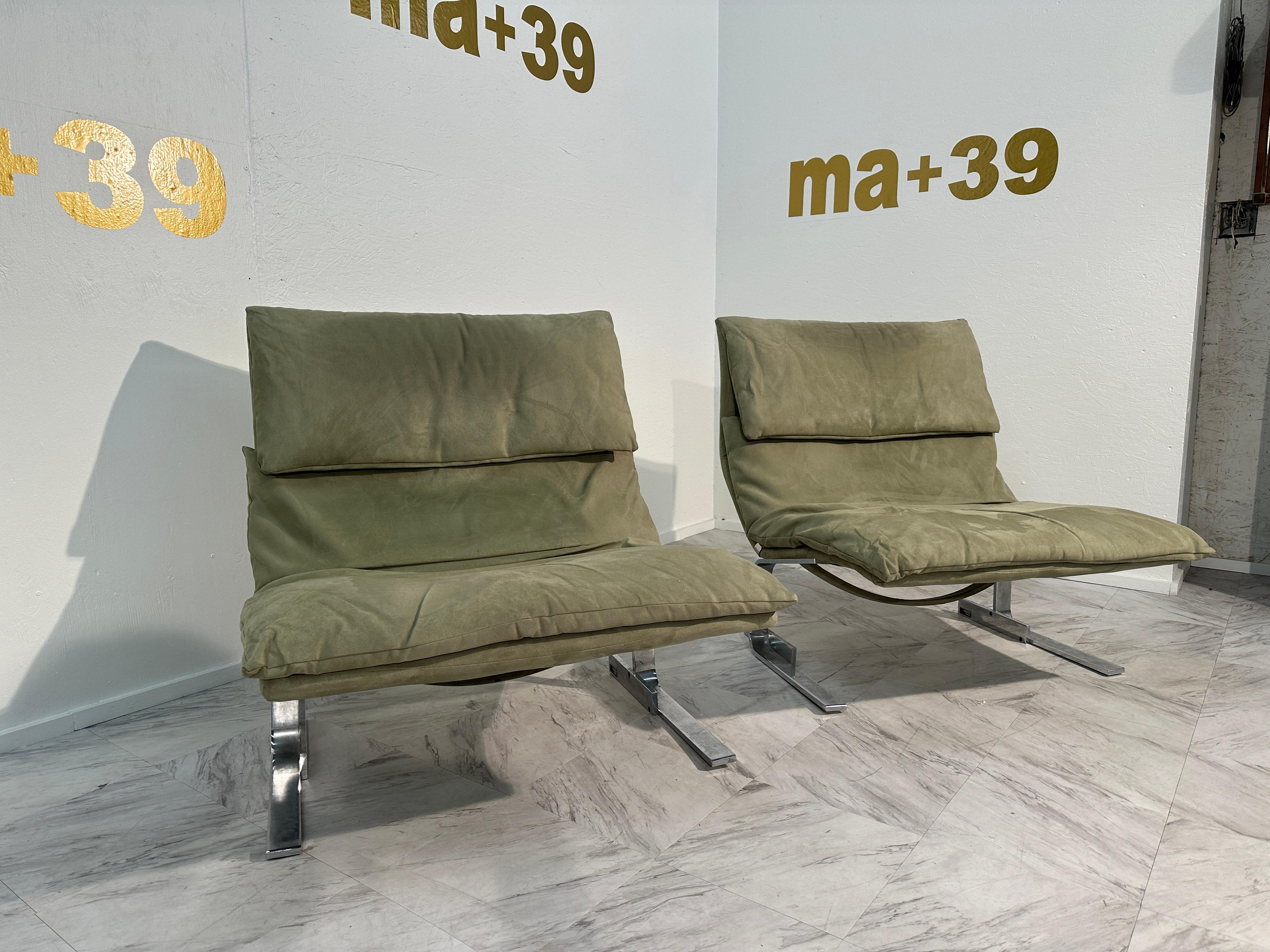 Mid-Century Modern Pair of 2 Green Lounge Chairs by F.lli Saporiti X Lane 1970