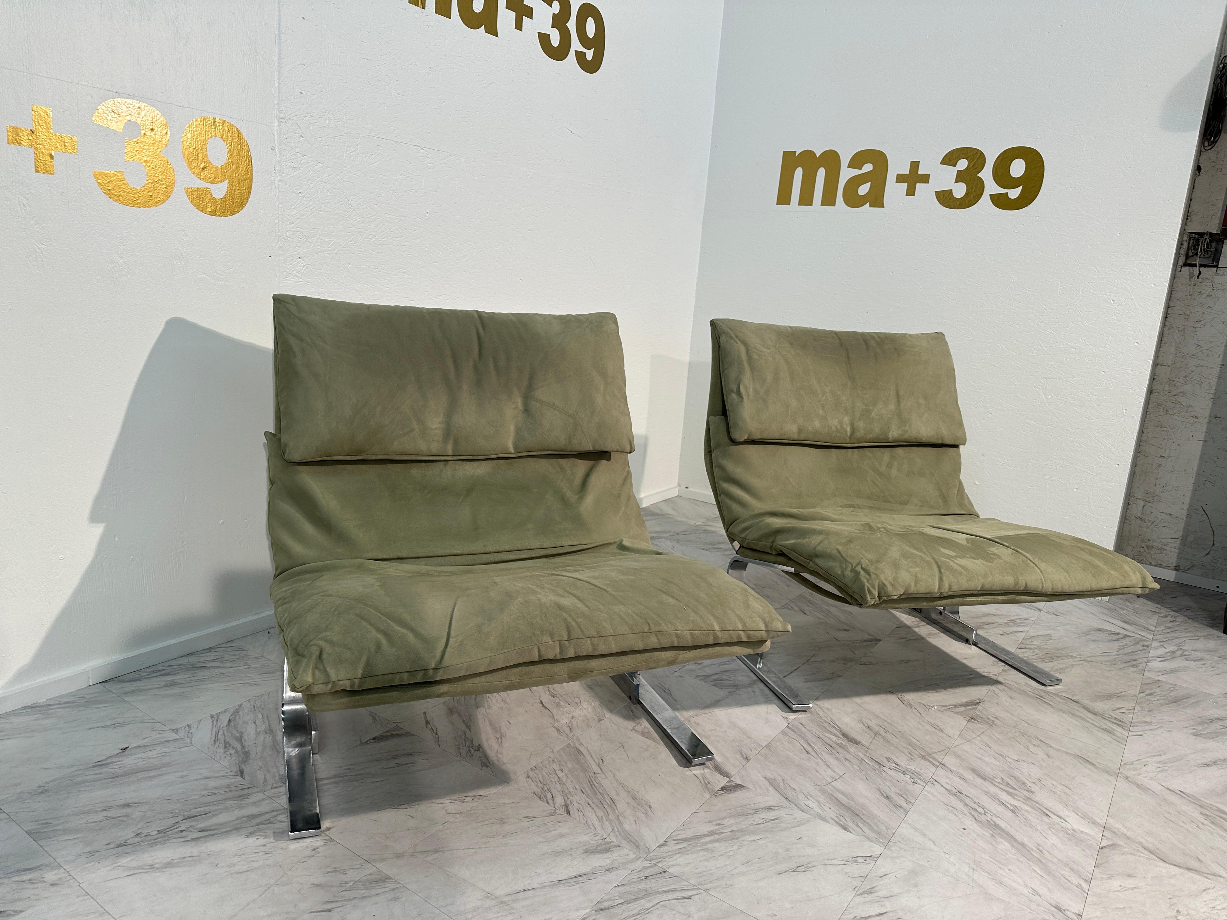 Italian Pair of 2 Green Lounge Chairs by F.lli Saporiti X Lane 1970
