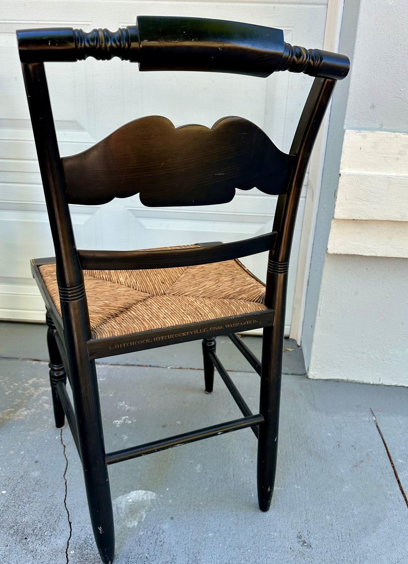  Pair of 2 Hitchcock Black Federal Side Chairs, Rush Seats. For Sale 3
