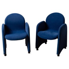 Pair of 2 Iconic Velvet Armchairs, Dining Chairs Blue Mid Century, Italy 1970s