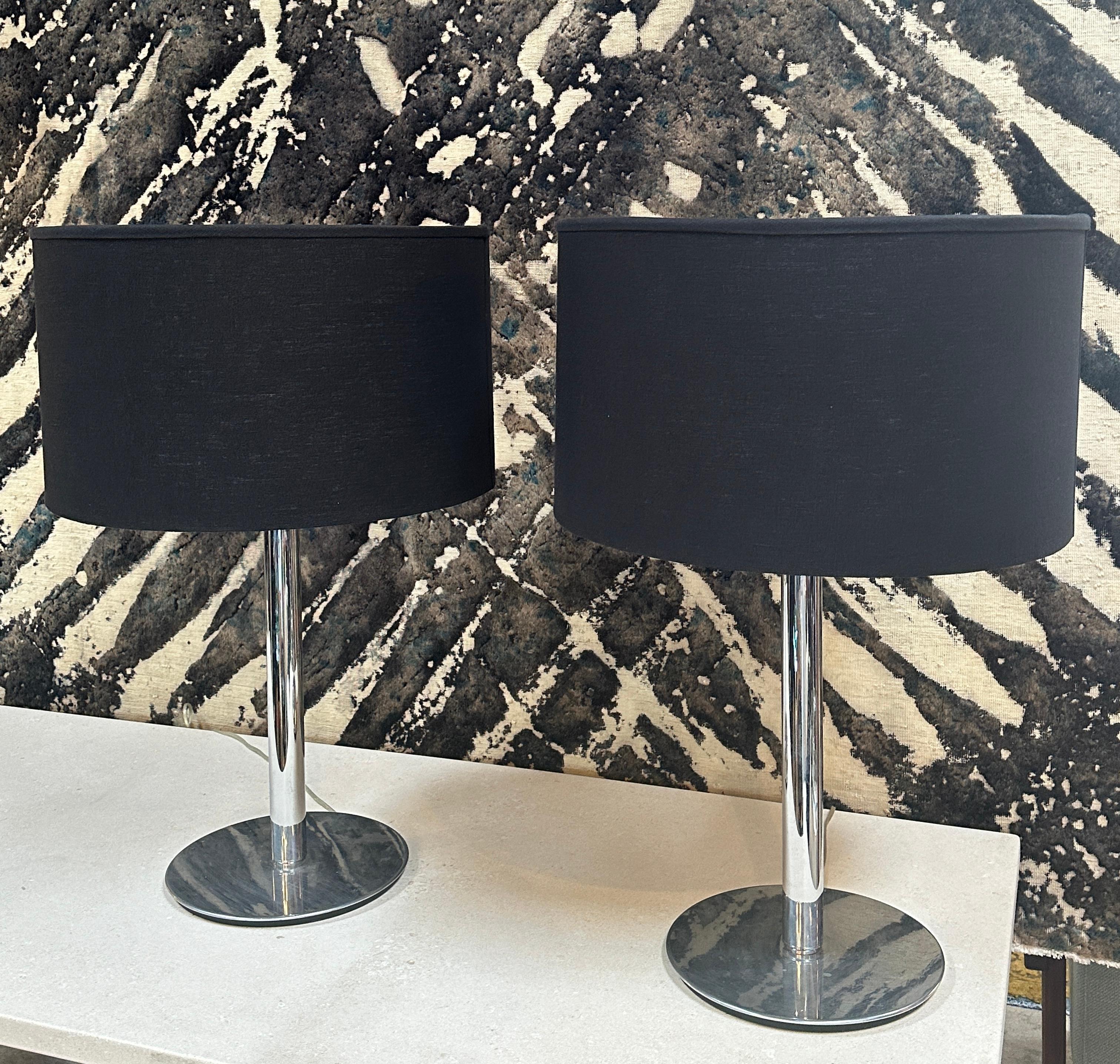 Extraordinary Oversize pair of 2 Mid century Italian lamps made whit chrome base and a beautiful and new black shade.
Those lamps are gorgeous and will fit in every mid century space.