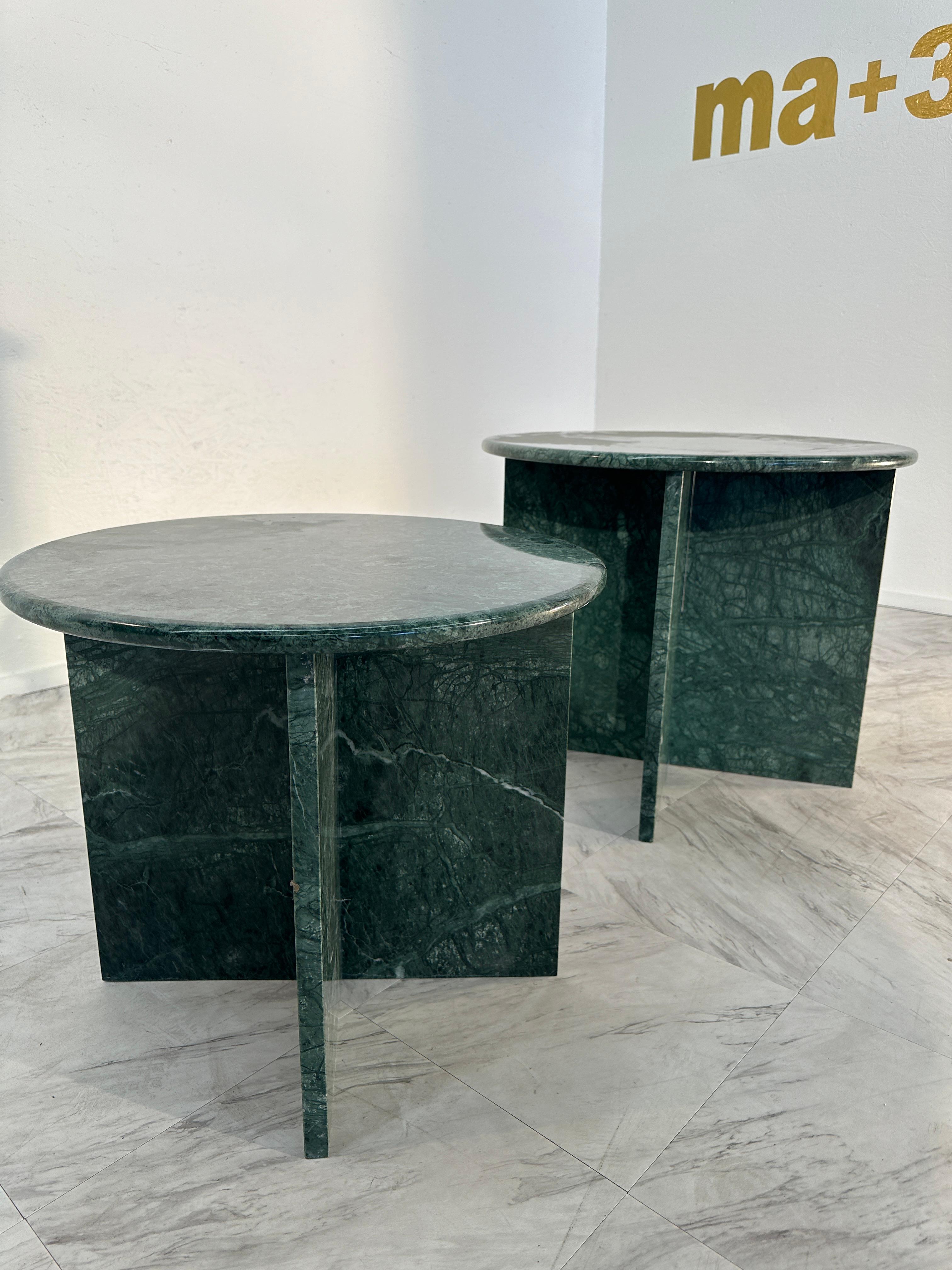 Mid-Century Modern Pair of 2 Italian Green Marble Side Tables 1980s