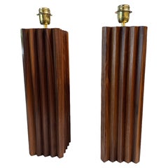 Retro Pair of 2 Italian Mid Century Wood and Brass Table Lamps 1980s