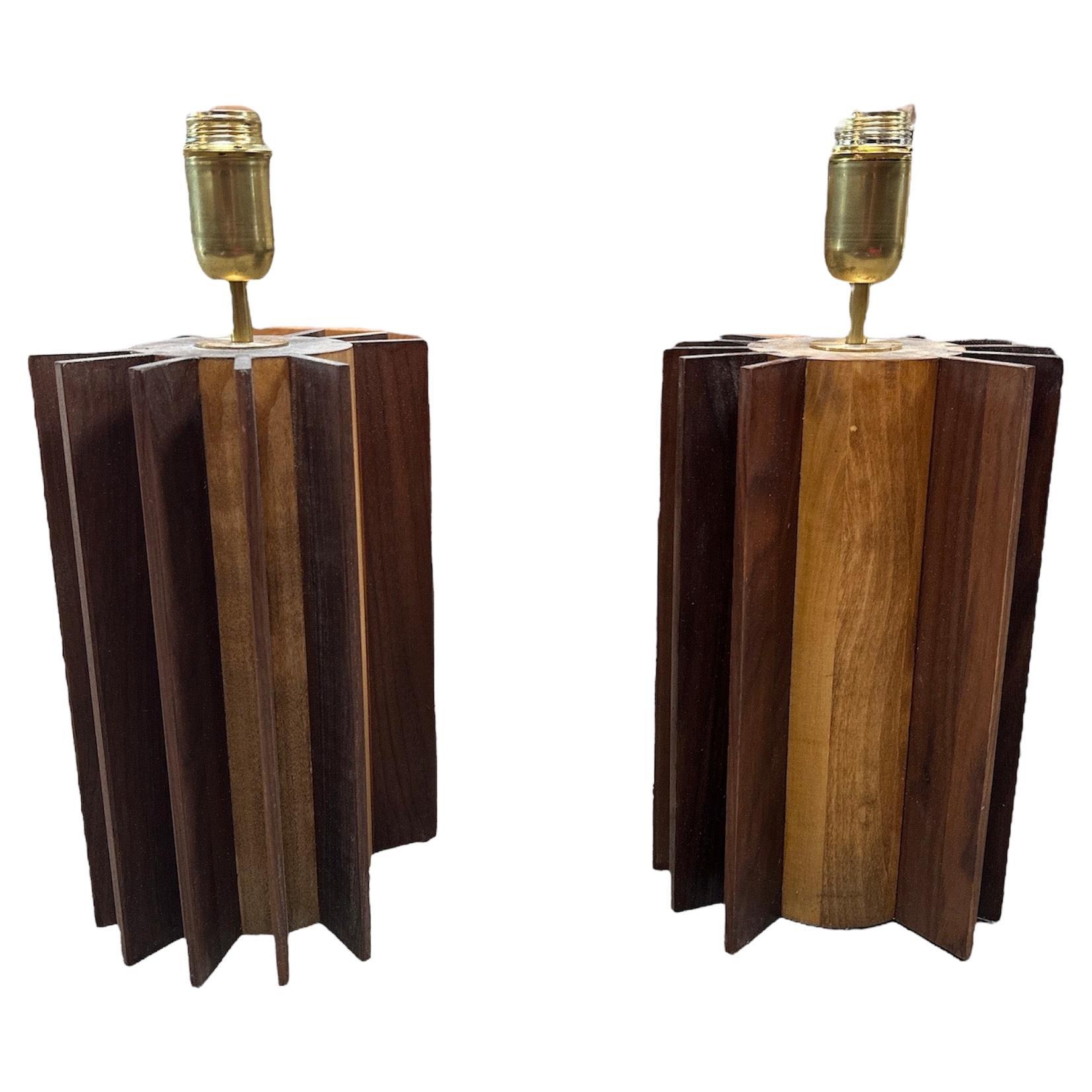 Pair of 2 Italian Mid Century Wood Table Lamps 1980s For Sale