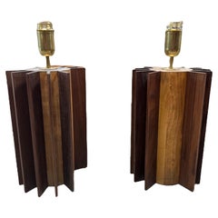 Pair of 2 Italian Mid Century Wood Table Lamps 1980s