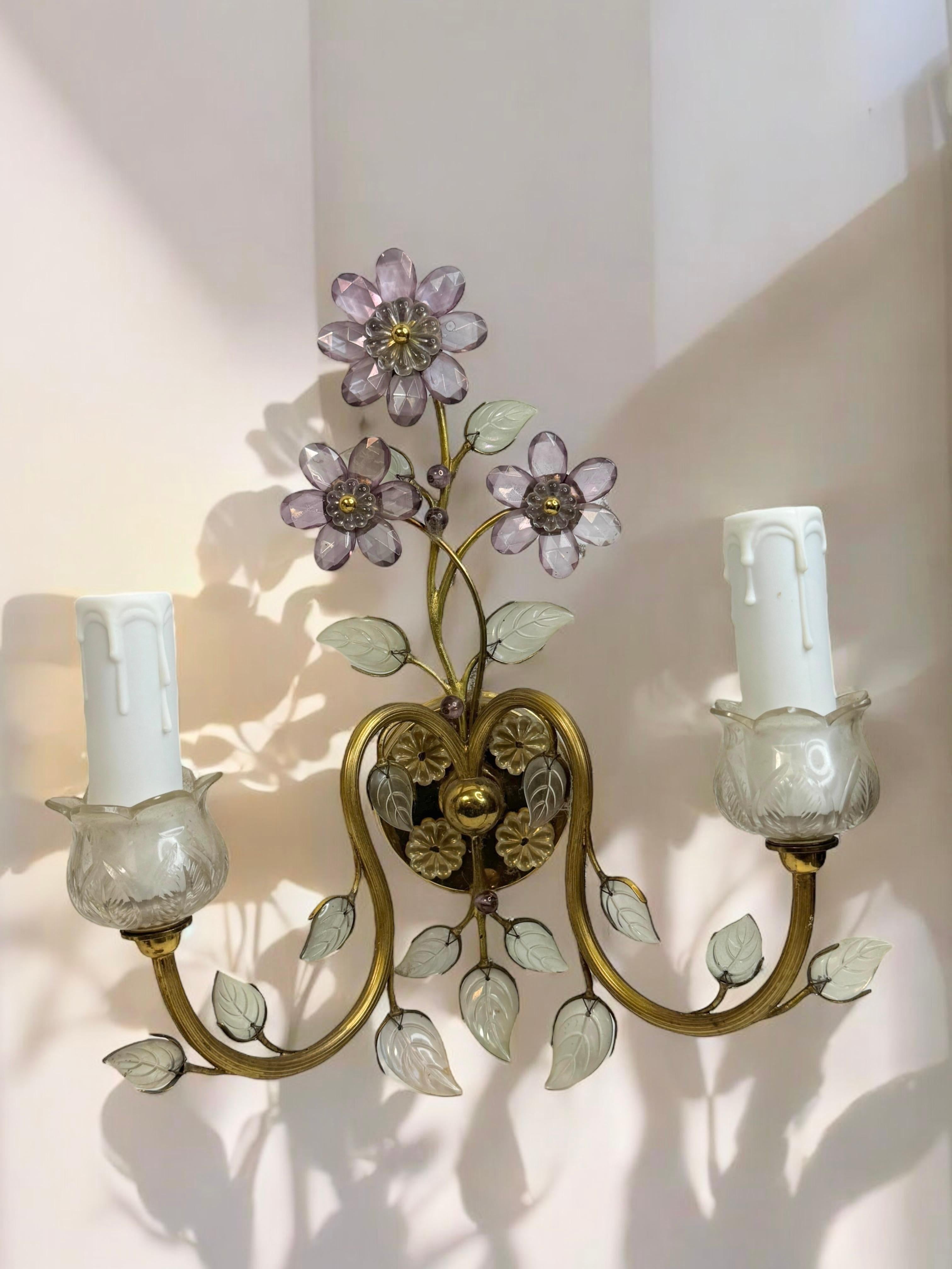 Paire d'appliques murales à fleurs en cristal à 2 lumières par Lobmeyr, Vienne, Autriche années 1950 en vente 3