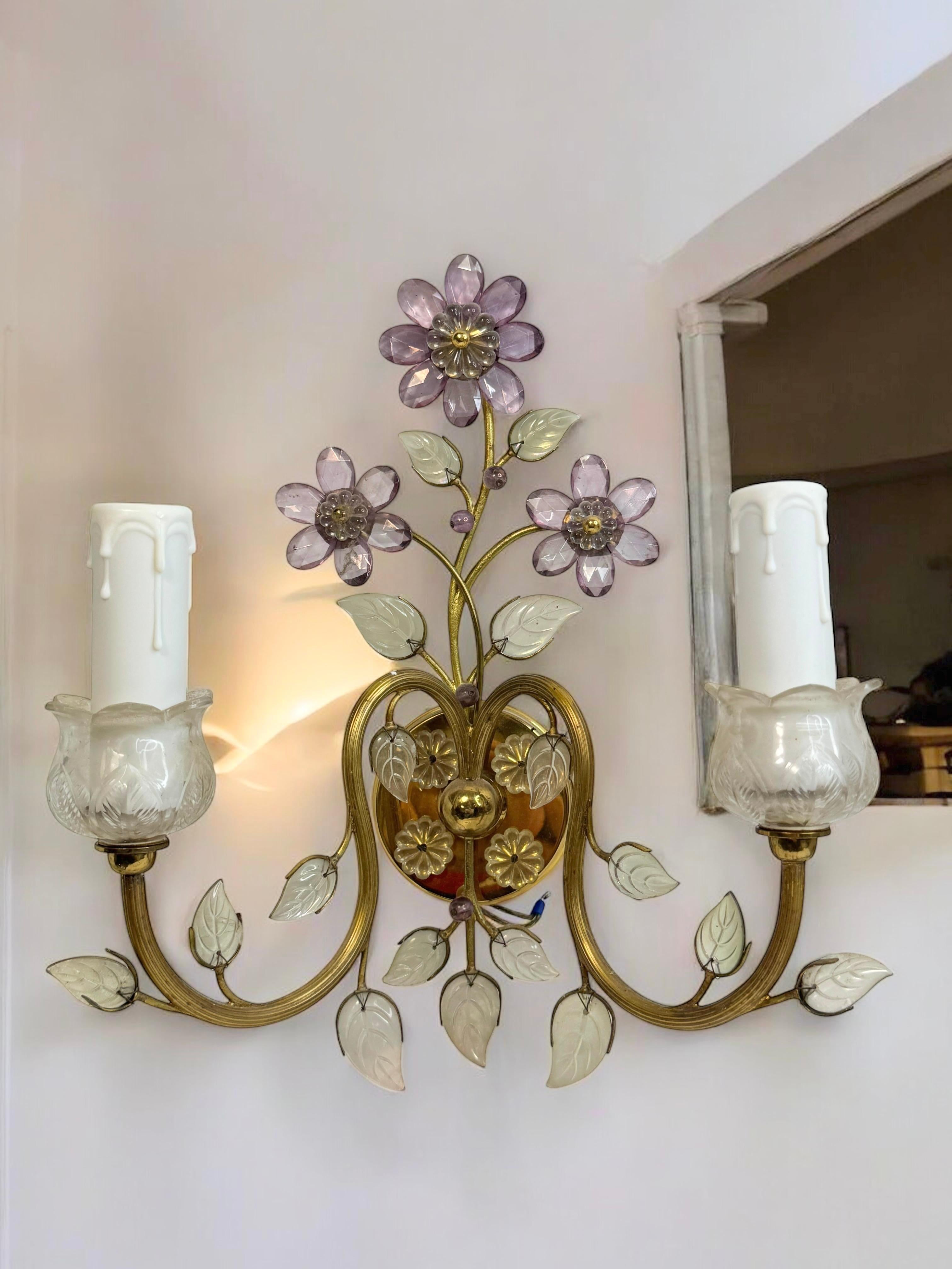 Paire d'appliques murales à fleurs en cristal à 2 lumières par Lobmeyr, Vienne, Autriche années 1950 en vente 4