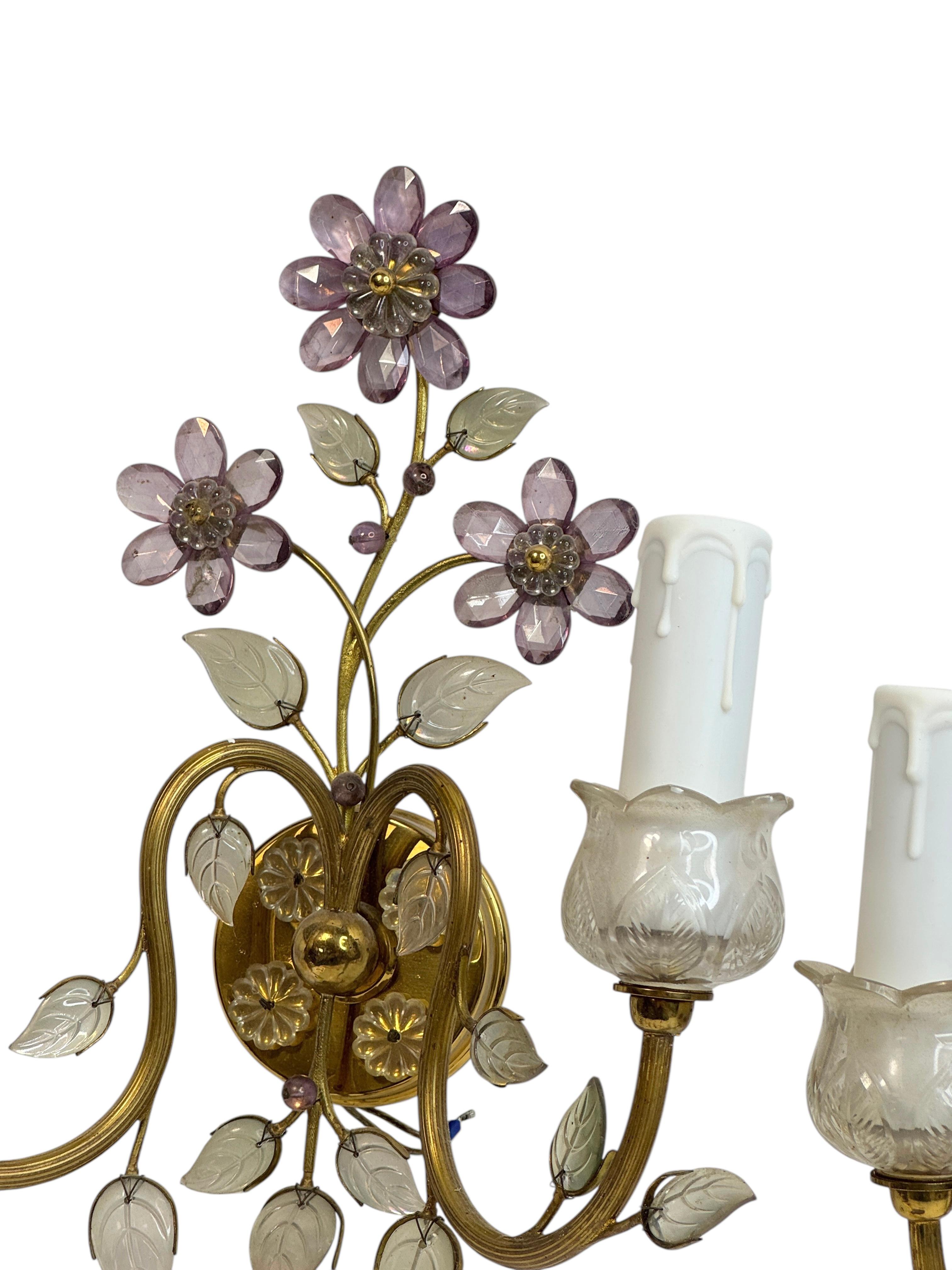 Paire d'appliques murales à fleurs en cristal à 2 lumières par Lobmeyr, Vienne, Autriche années 1950 Bon état - En vente à Nuernberg, DE
