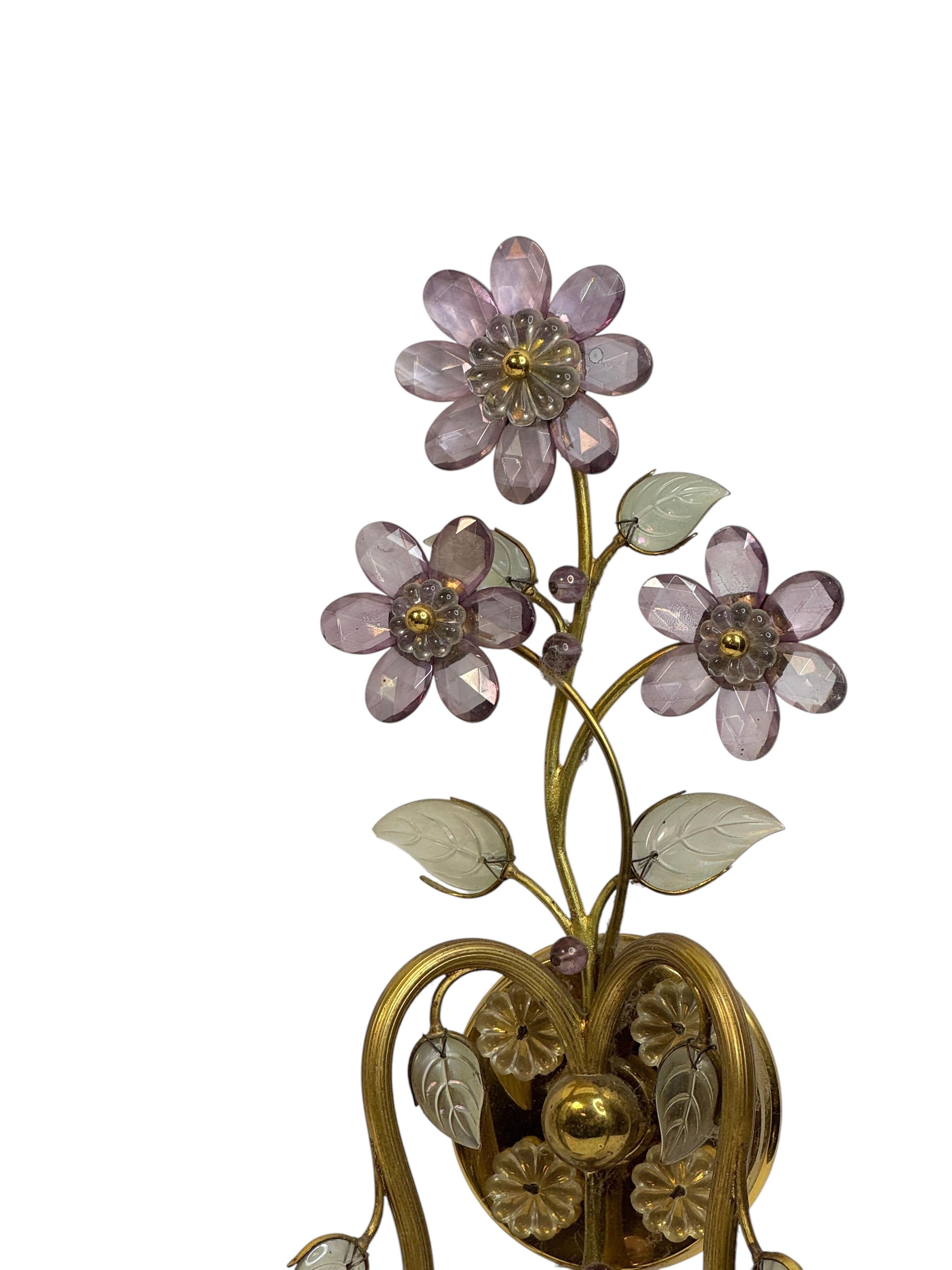 Milieu du XXe siècle Paire d'appliques murales à fleurs en cristal à 2 lumières par Lobmeyr, Vienne, Autriche années 1950 en vente