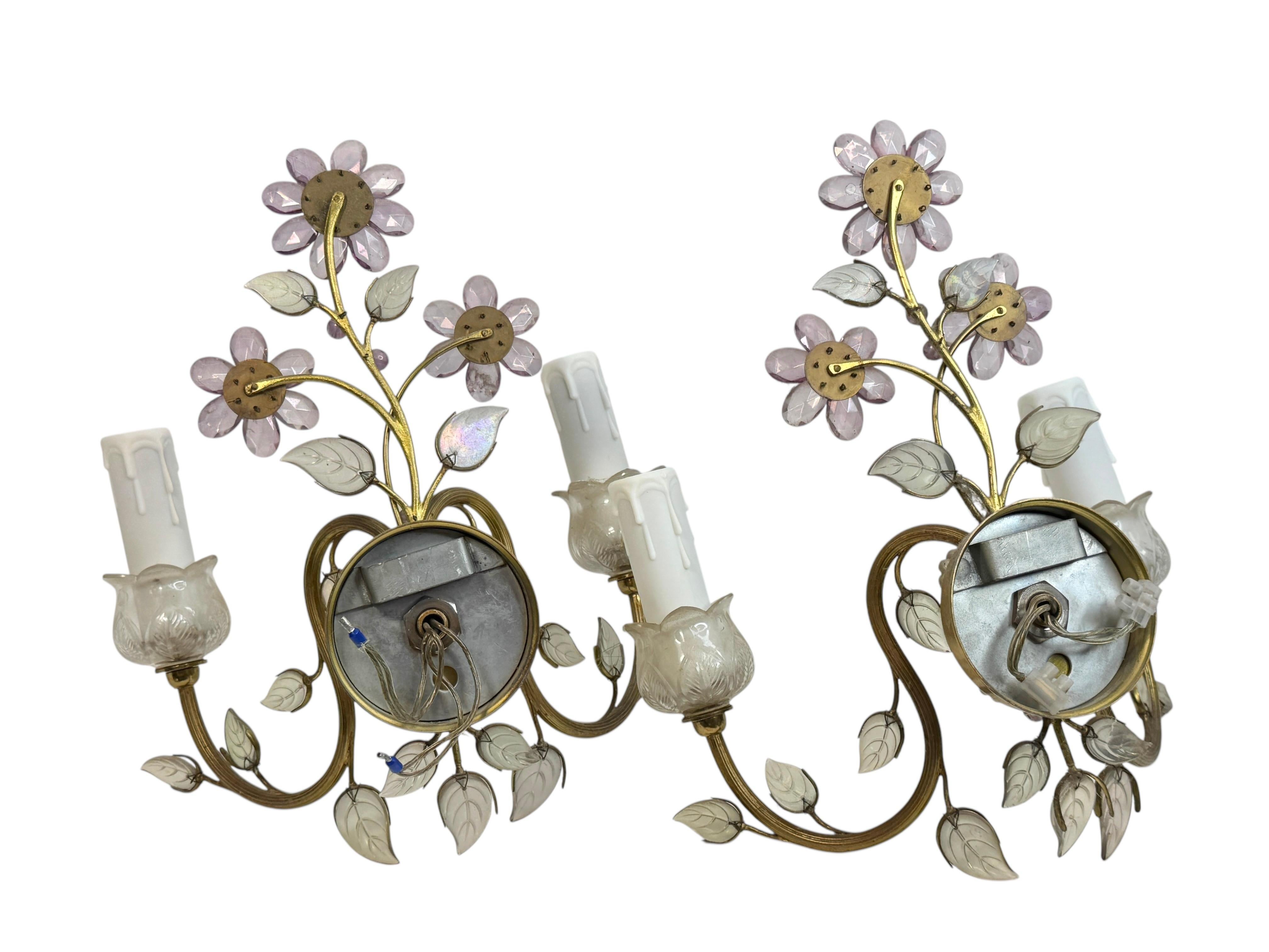 Métal Paire d'appliques murales à fleurs en cristal à 2 lumières par Lobmeyr, Vienne, Autriche années 1950 en vente