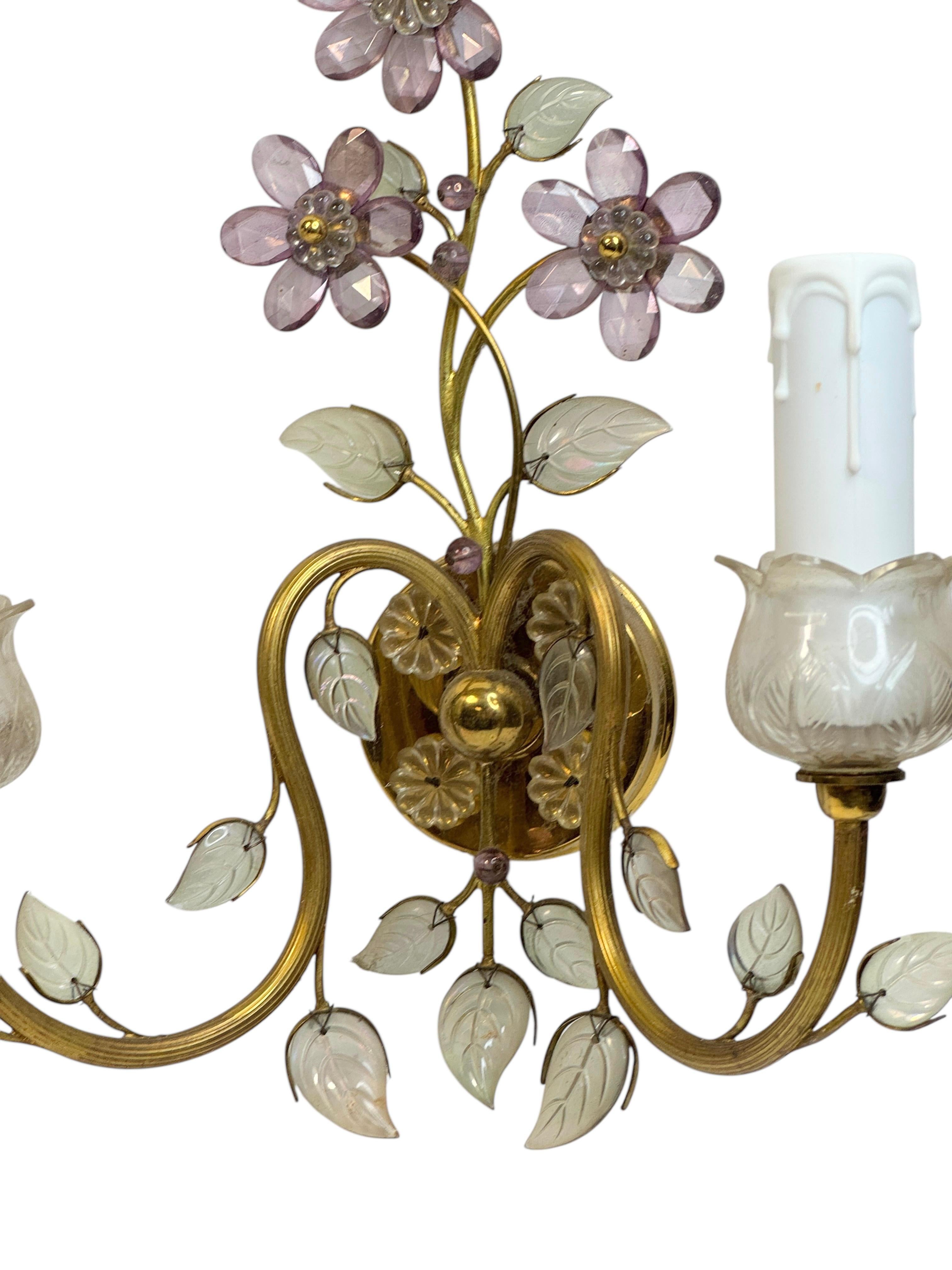 Paire d'appliques murales à fleurs en cristal à 2 lumières par Lobmeyr, Vienne, Autriche années 1950 en vente 2