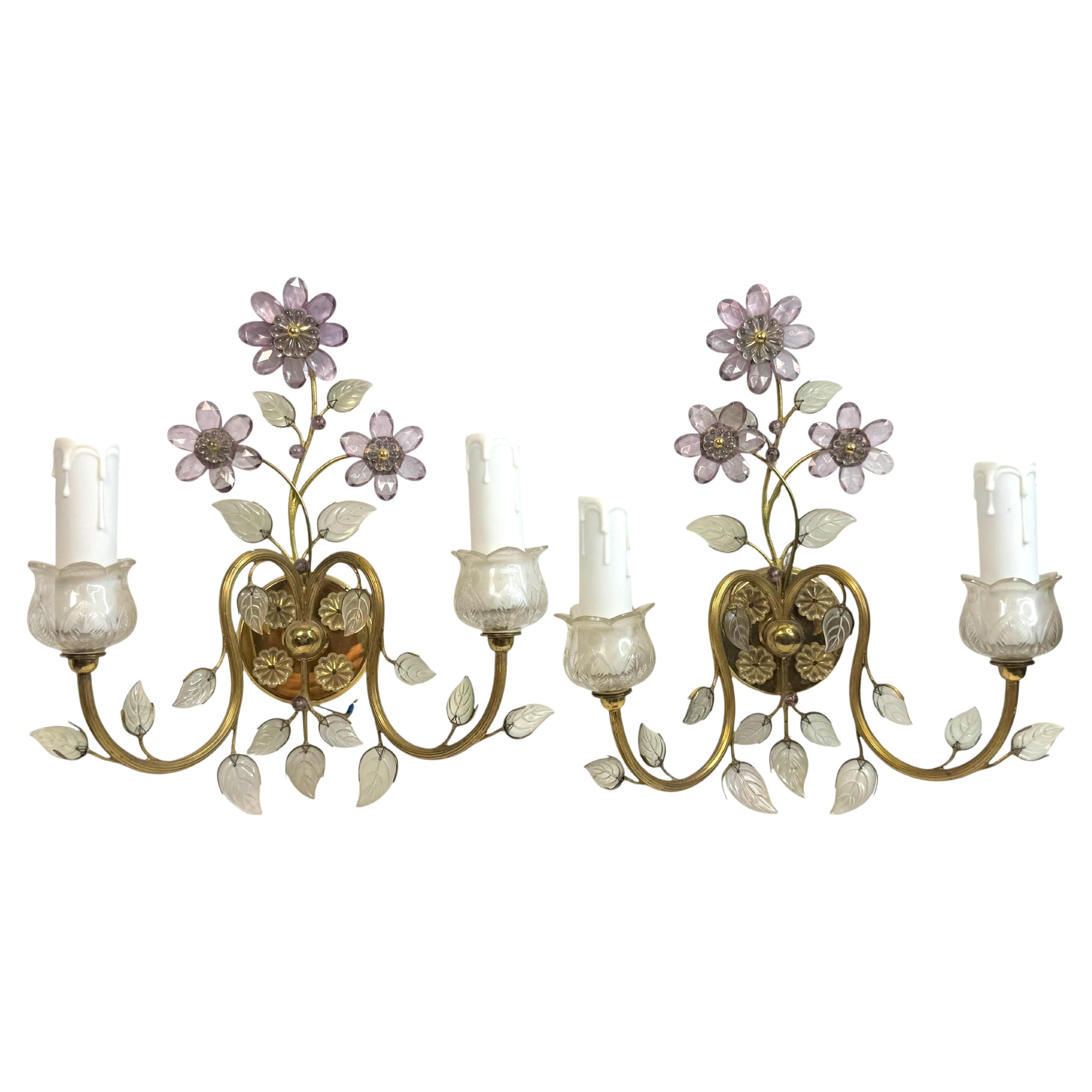 Paire d'appliques murales à fleurs en cristal à 2 lumières par Lobmeyr, Vienne, Autriche années 1950 en vente