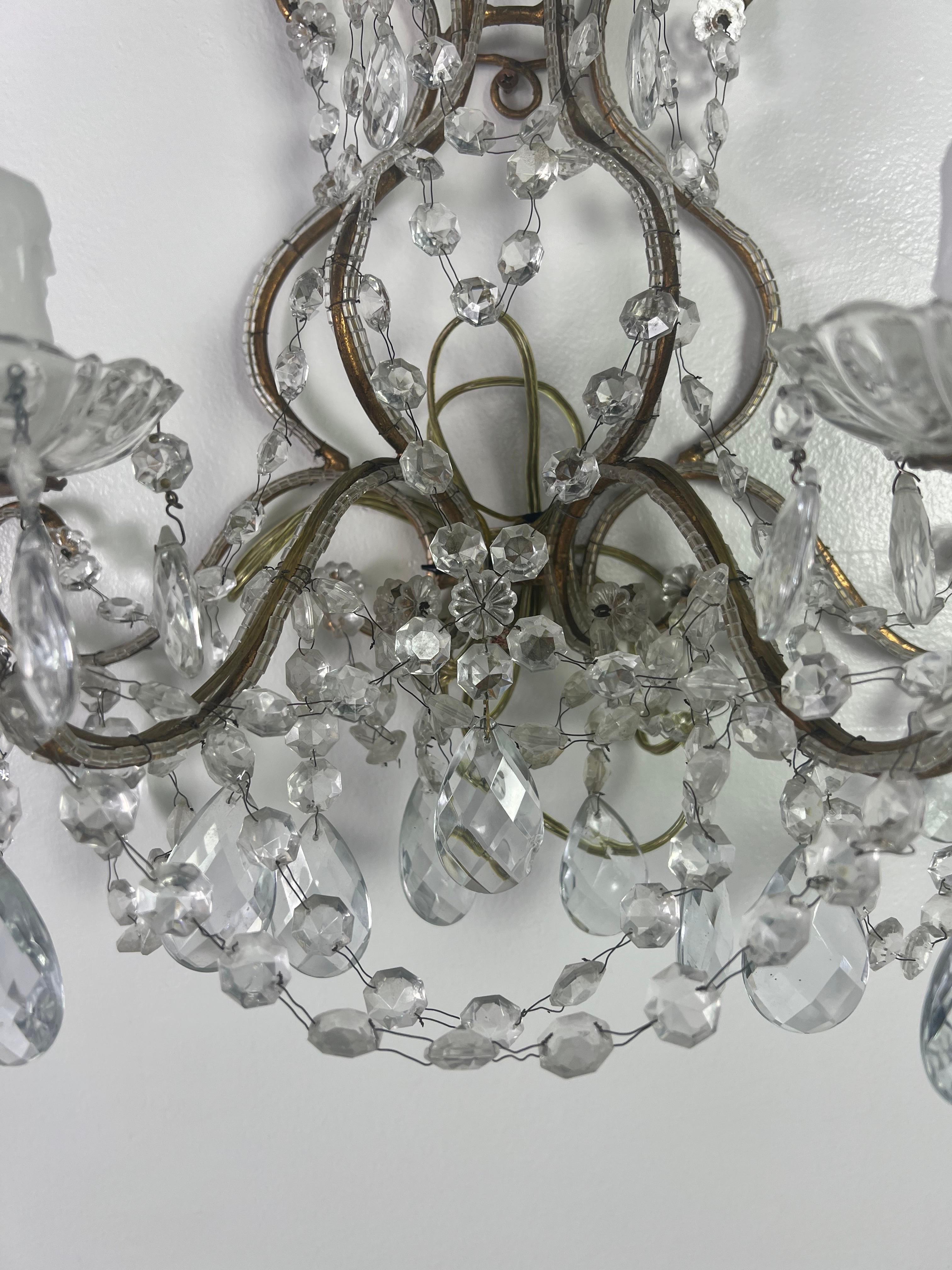 Pair of 2-Light French Crystal Sconces, circa 1930s In Good Condition In Los Angeles, CA