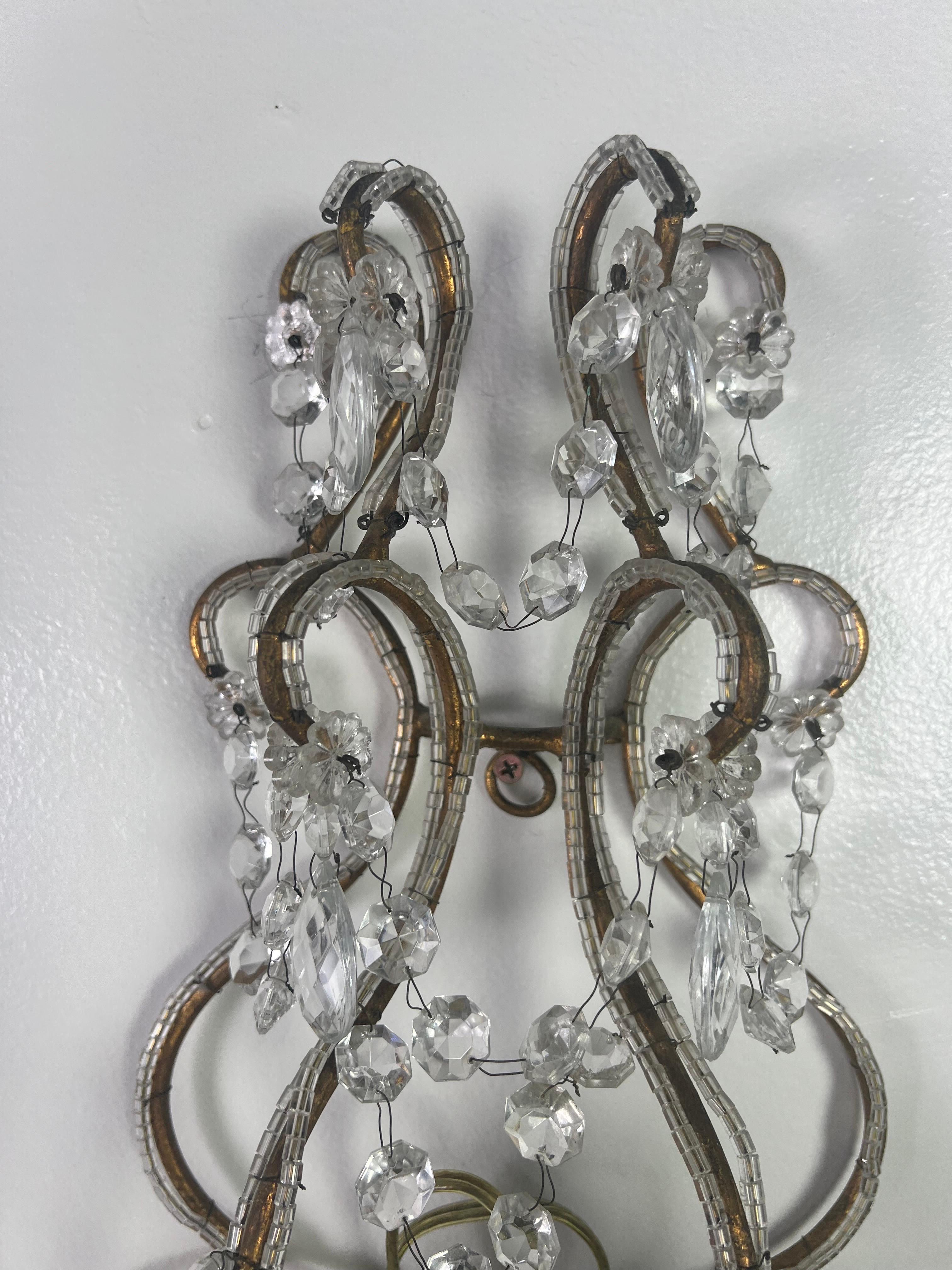 Mid-20th Century Pair of 2-Light French Crystal Sconces, circa 1930s