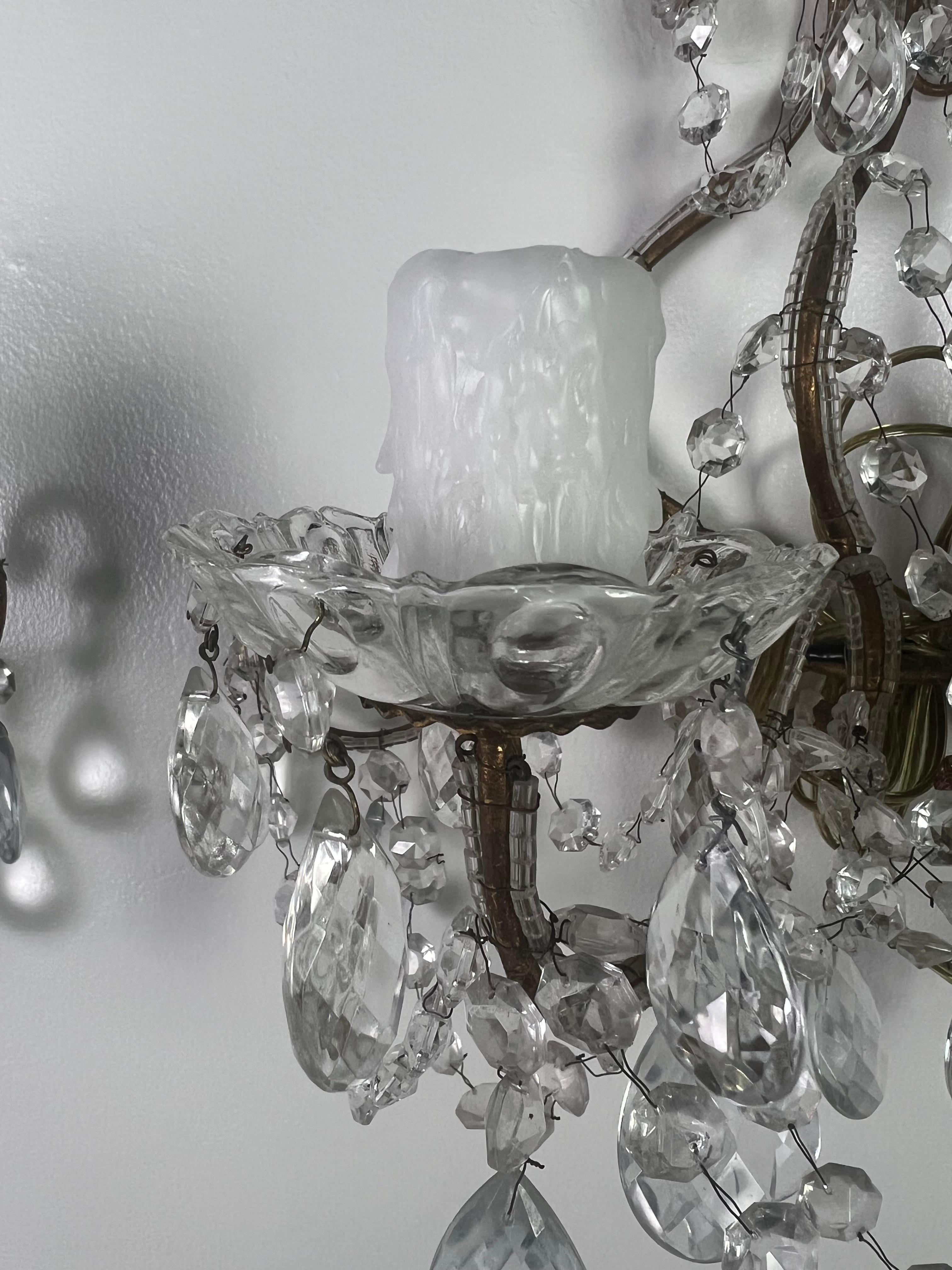 Metal Pair of 2-Light French Crystal Sconces, circa 1930s