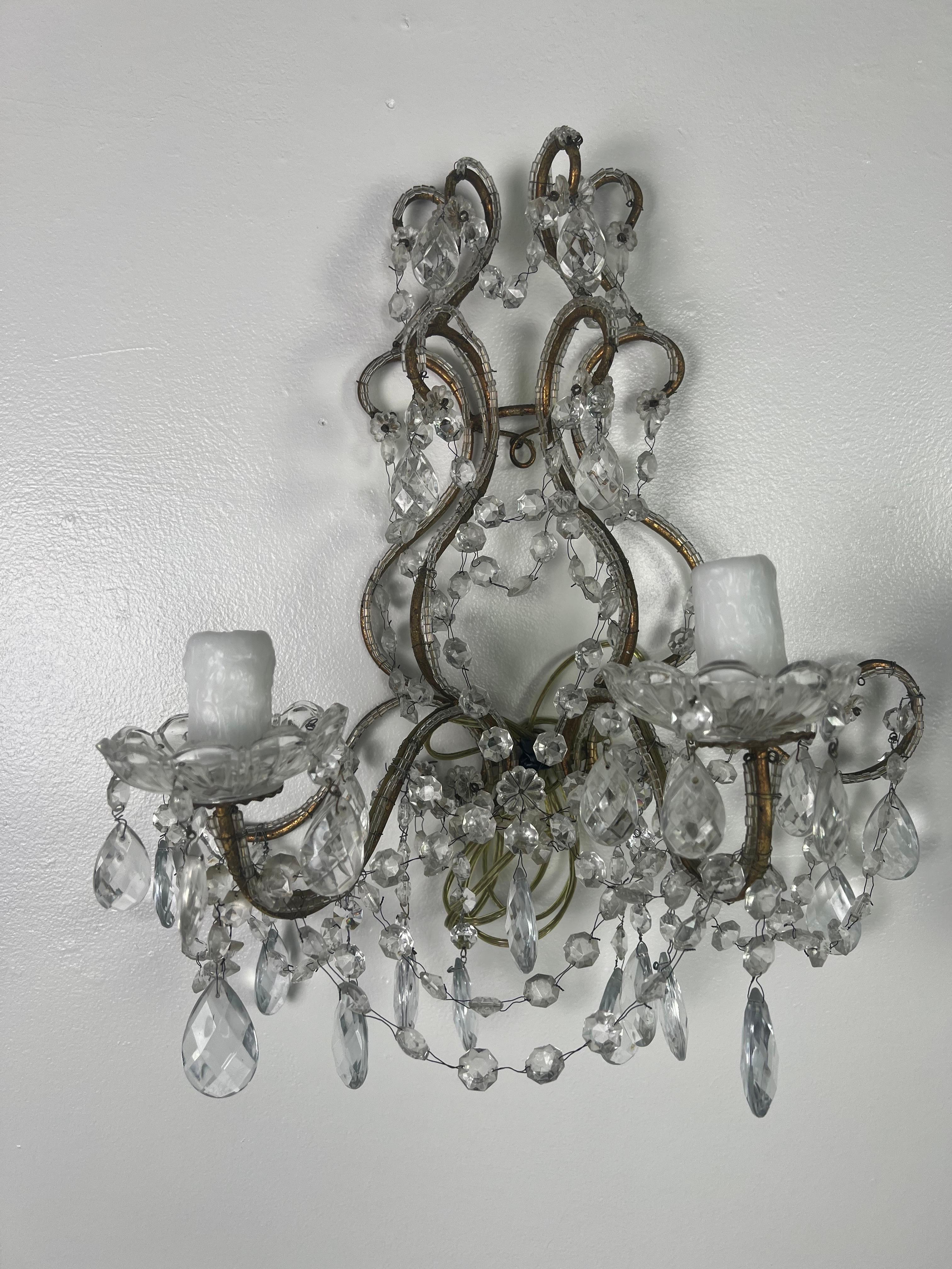 Pair of 2-Light French Crystal Sconces, circa 1930s 1