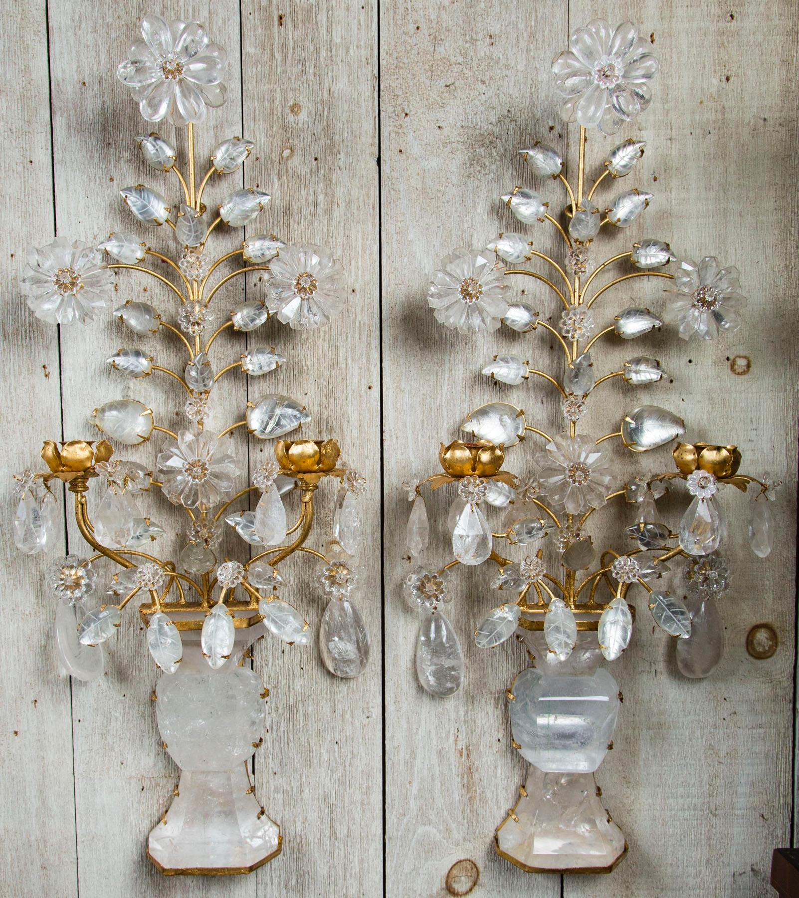 Pair of 2-Light Gilt Metal and Rock Crystal Wall Sconces 3