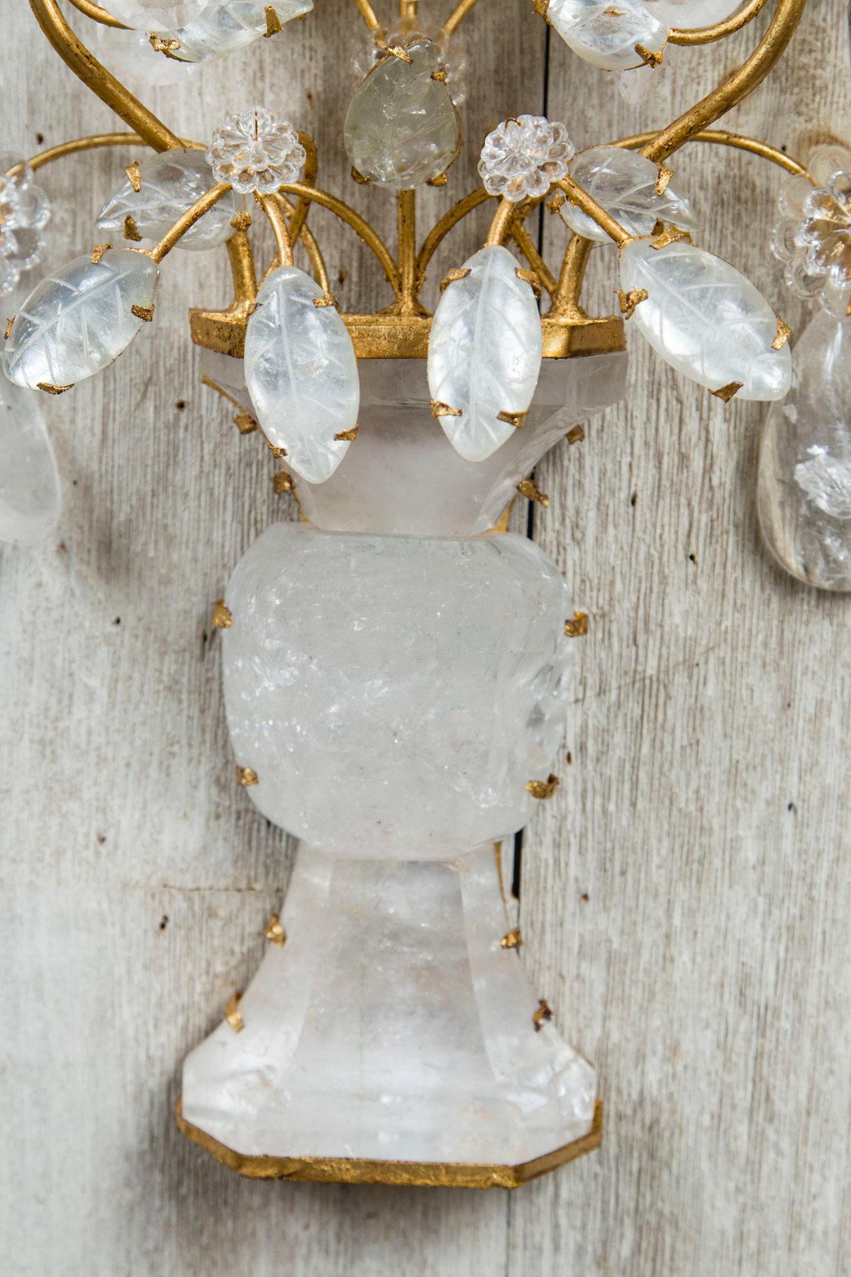 European Pair of 2-Light Gilt Metal and Rock Crystal Wall Sconces