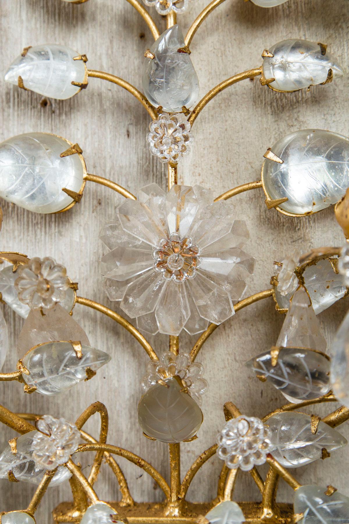 Pair of 2-Light Gilt Metal and Rock Crystal Wall Sconces In Good Condition In Woodbury, CT