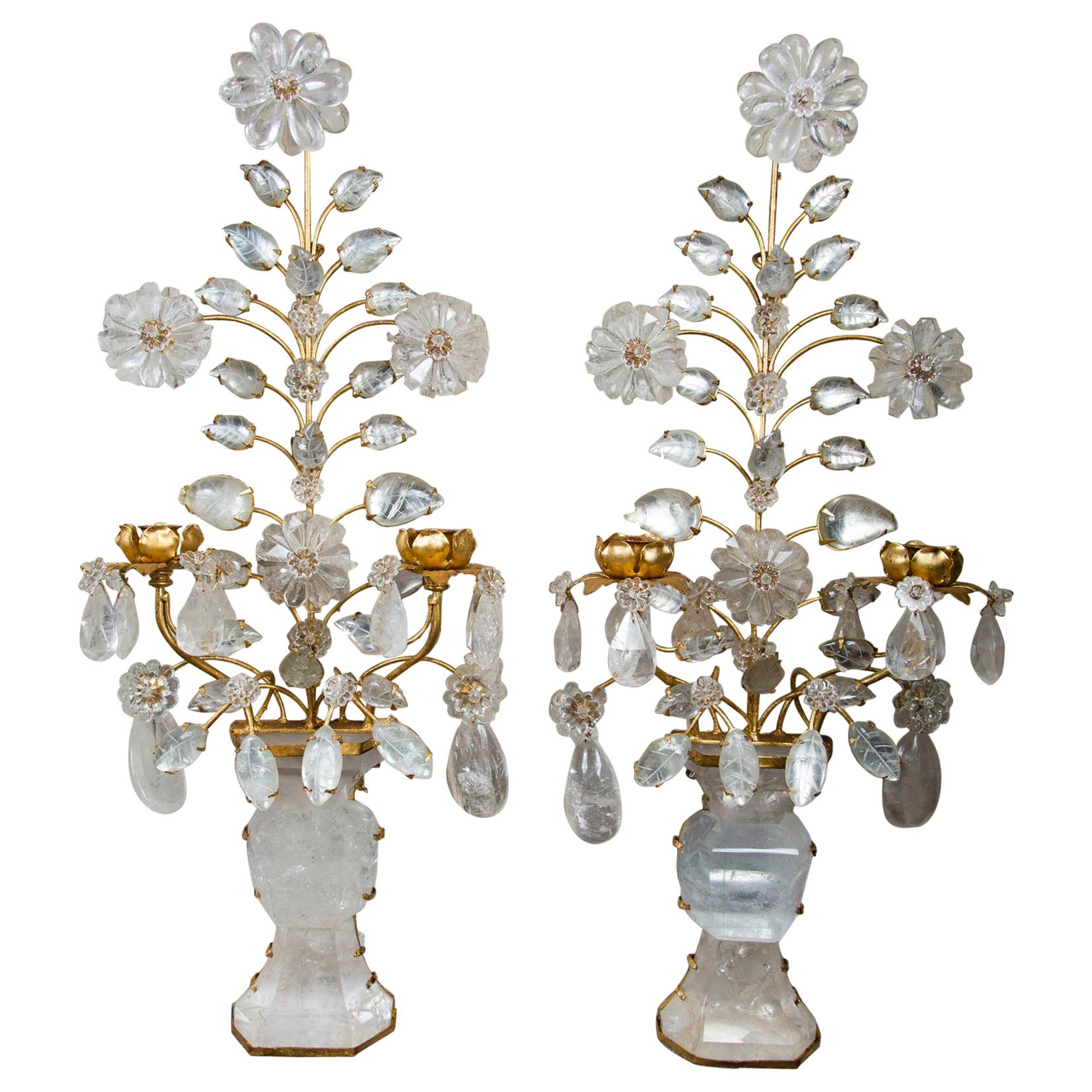 Pair of 2-Light Gilt Metal and Rock Crystal Wall Sconces