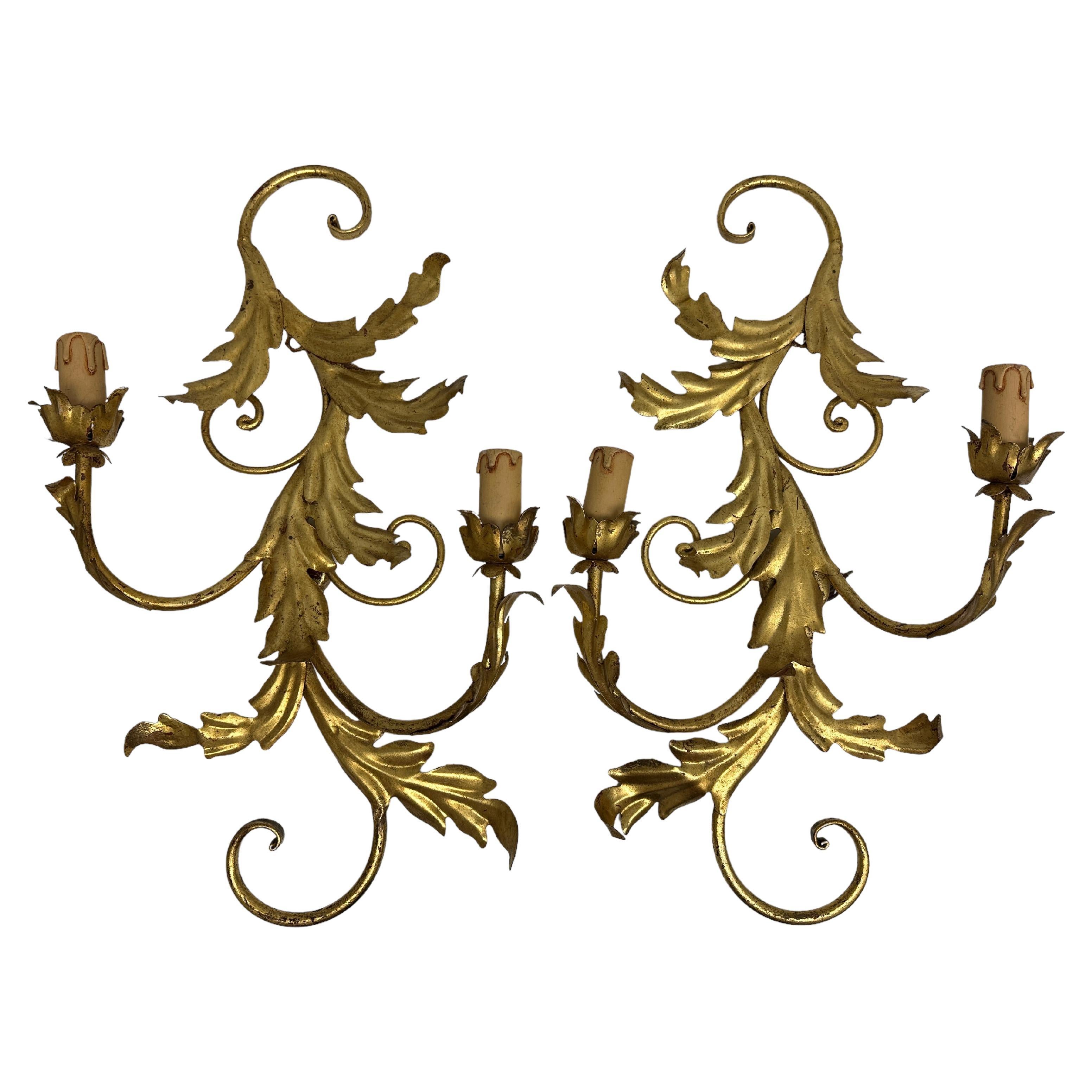 Pair of 2 Light Leaf Tole Sconces Gilded Metal, Koegl Leuchten, 1960s