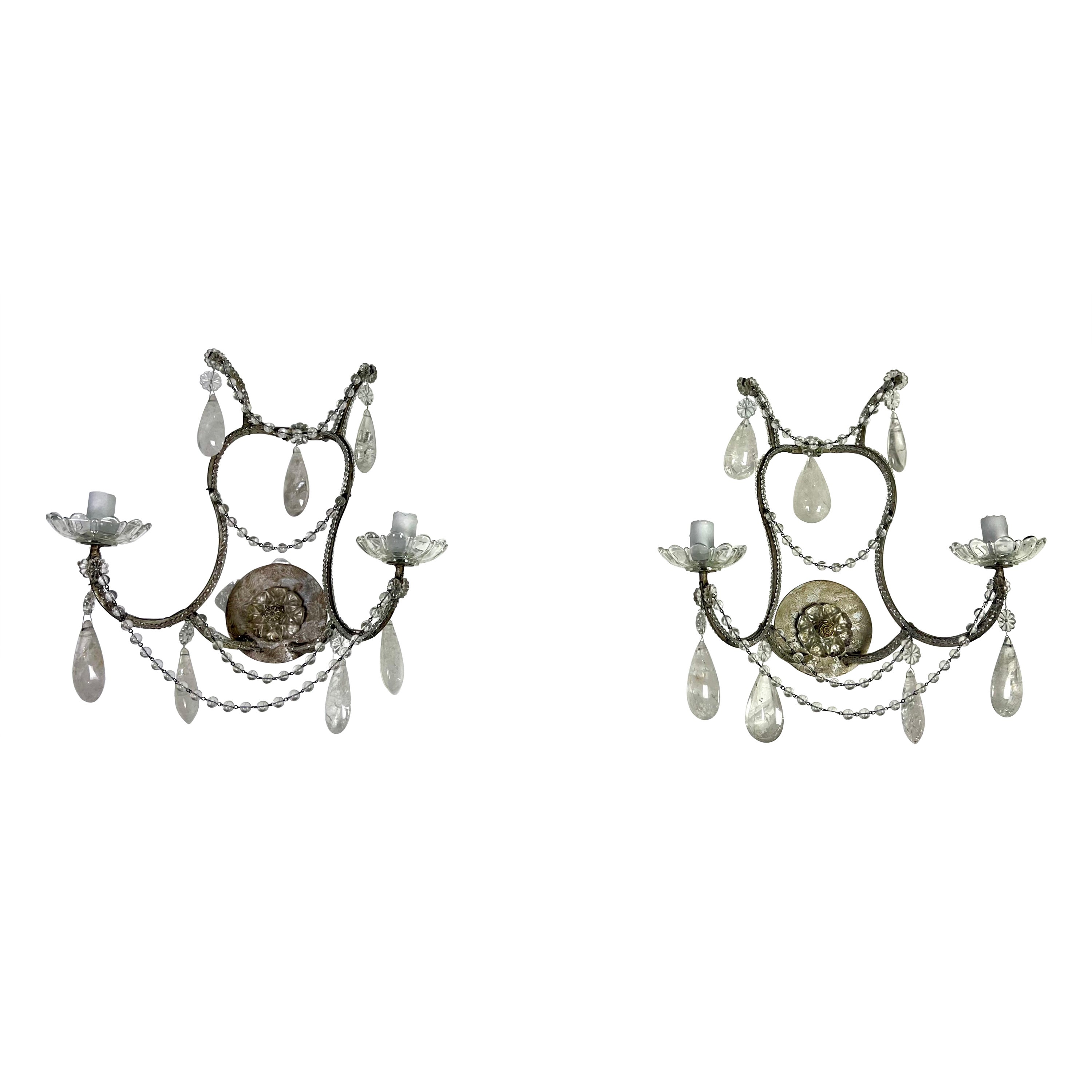 Pareja de Apliques de 2 Luces con Cuentas de Cristal de Roca en venta