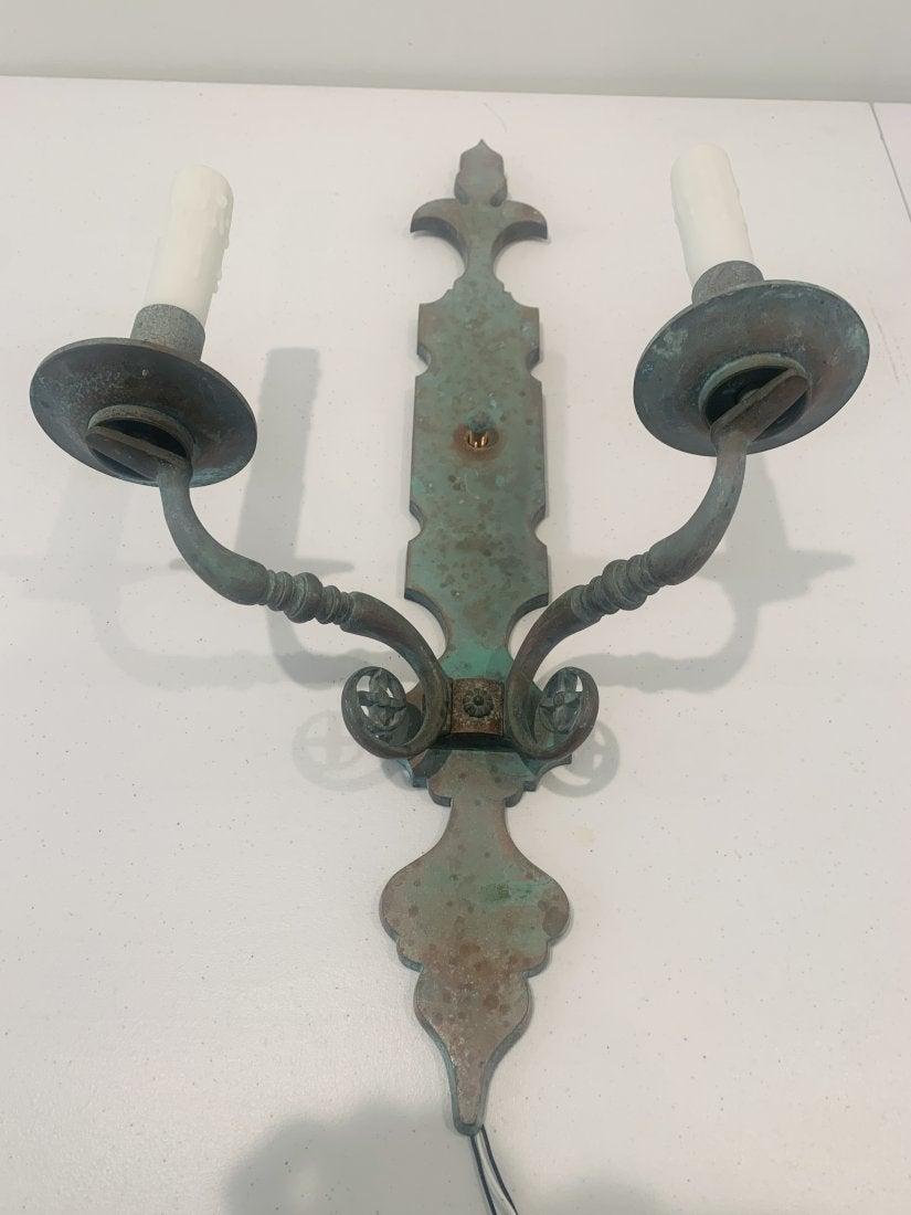 Pair of 2 Light Sconces with Verdigris Patina In Good Condition In Los Angeles, CA