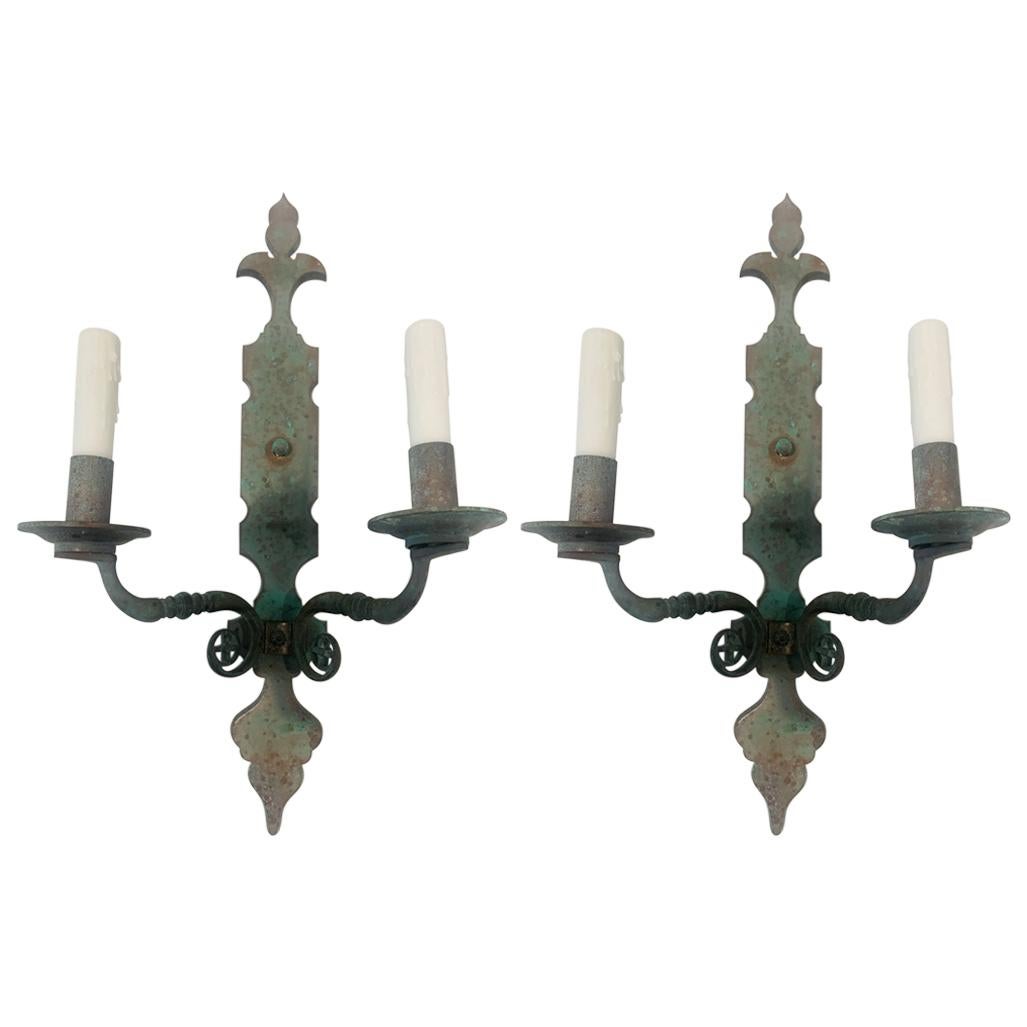 Pair of 2 Light Sconces with Verdigris Patina