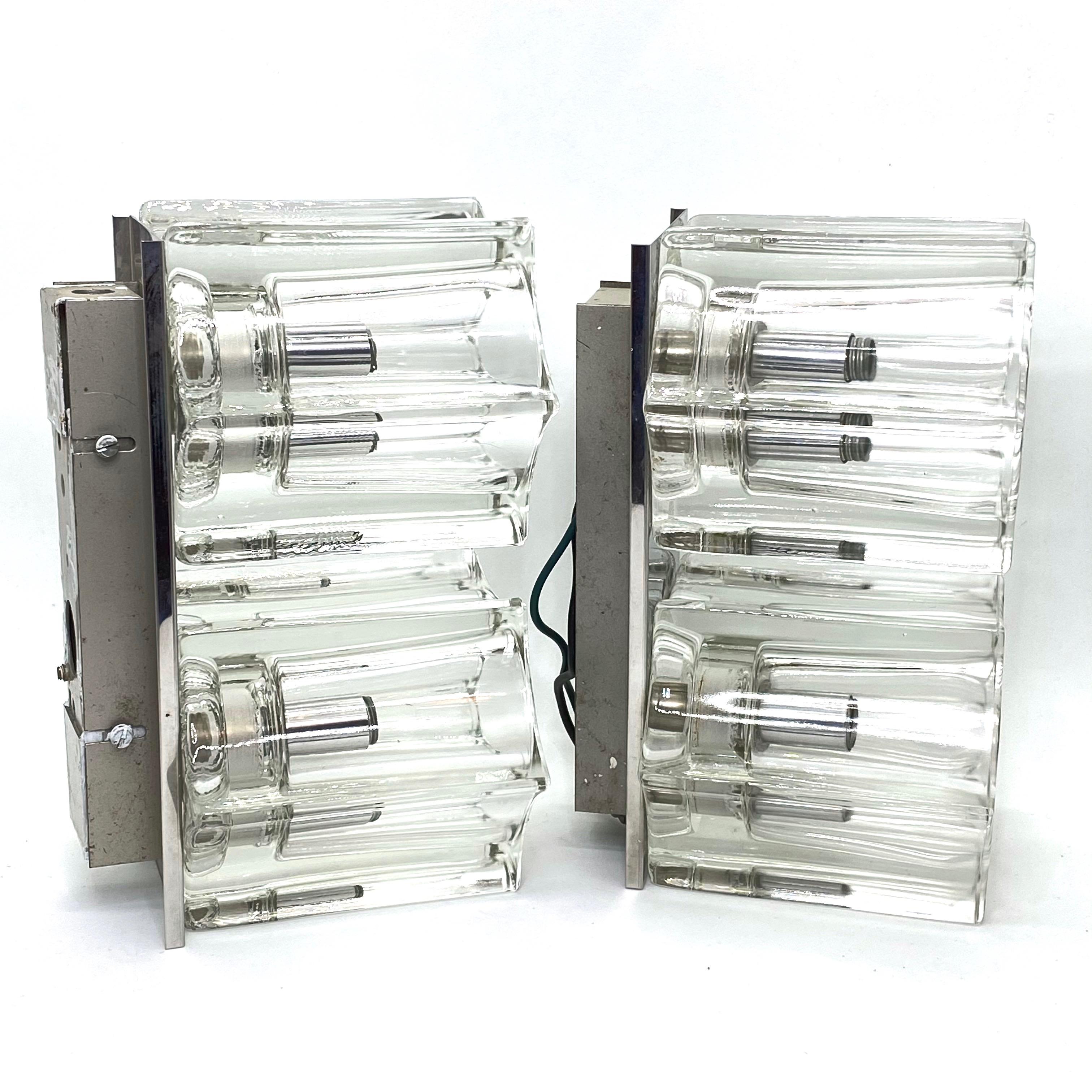 Mid-20th Century Pair of 2-Light Starburst Glass Chrome Base Sconces, 1960s For Sale