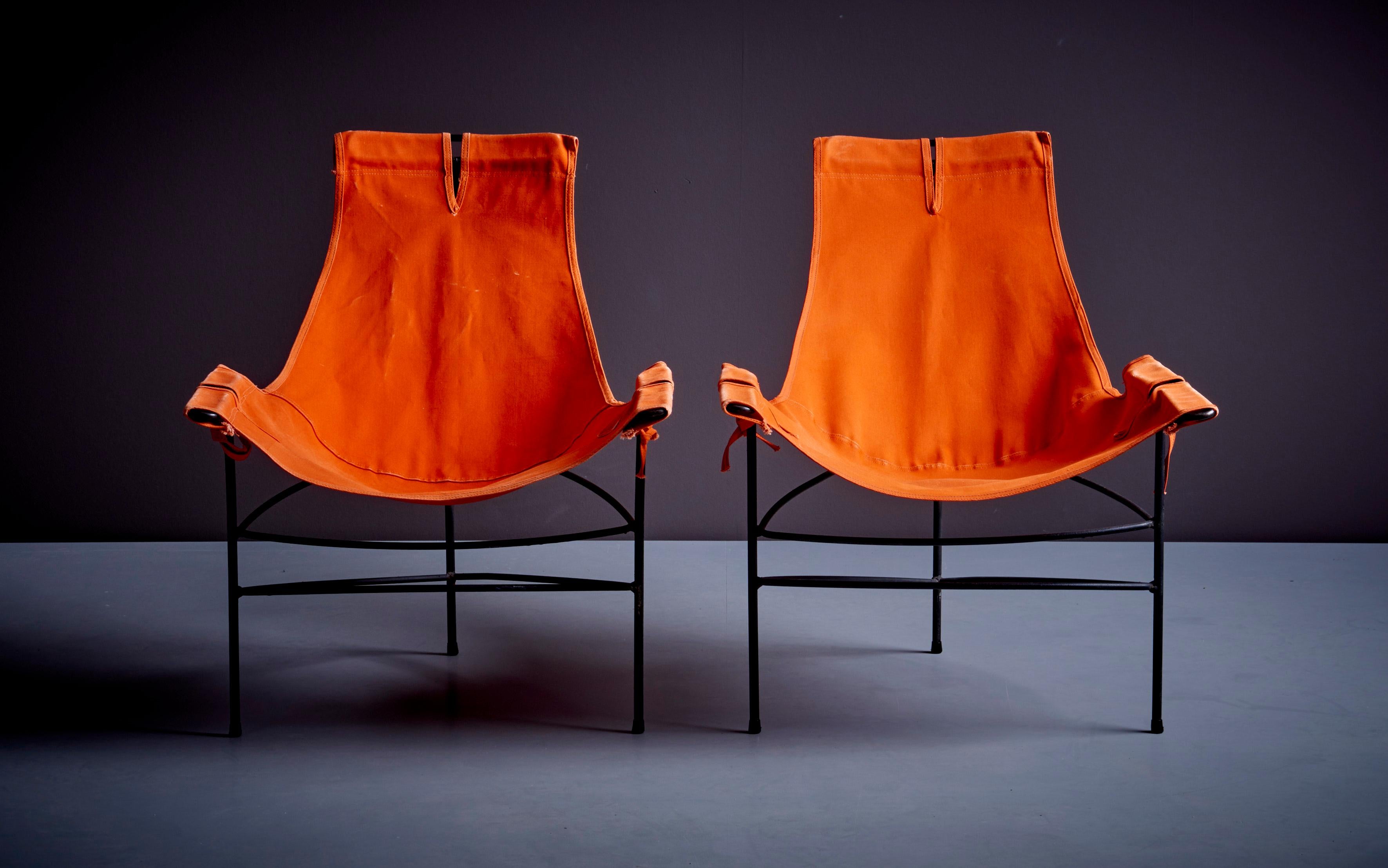 Paar 2 Sessel von Jerry Johnson aus orangefarbenem Segeltuch, USA, 1950er Jahre (Leinwand) im Angebot