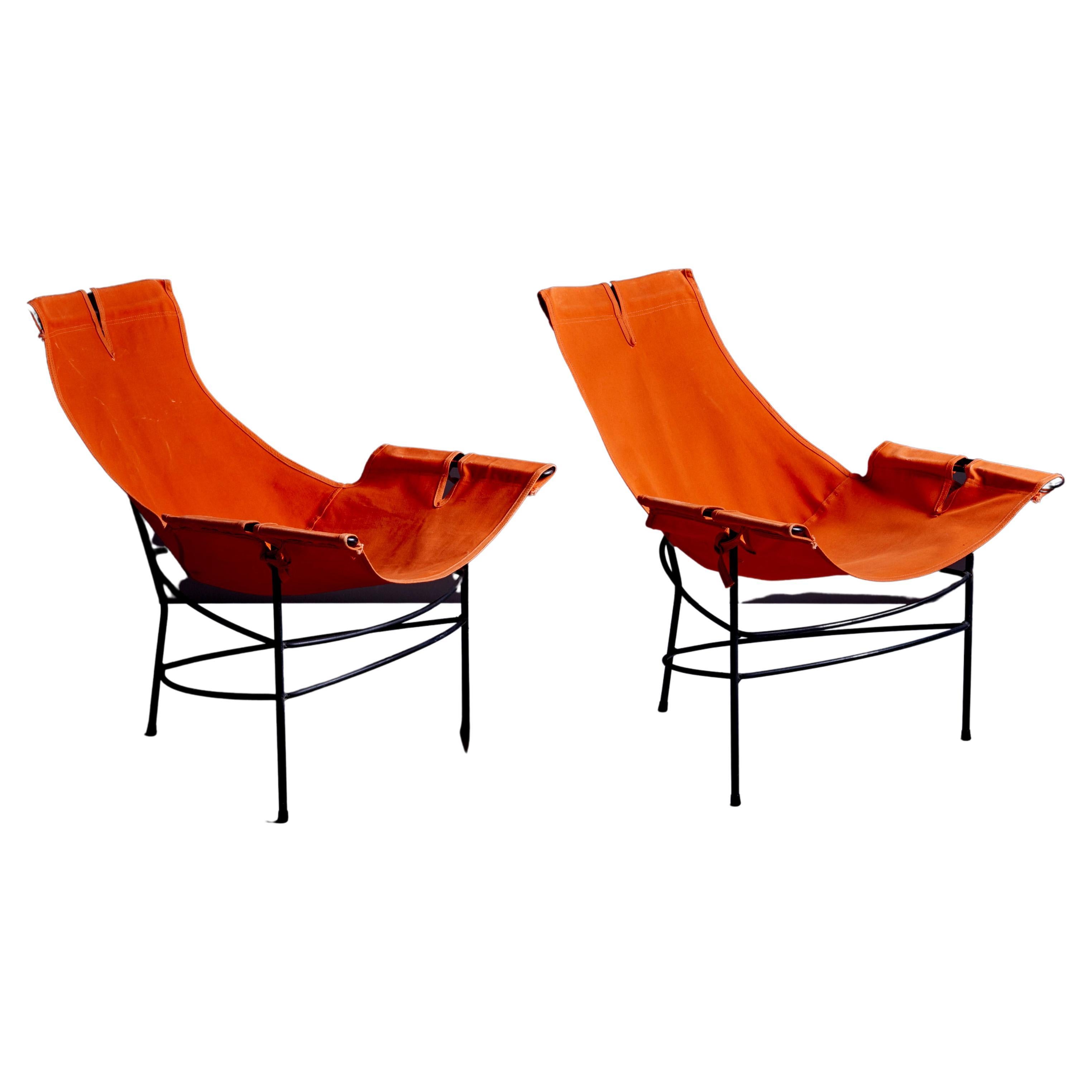 Paire de 2 chaises longues en toile orange par Jerry Johnson, États-Unis, années 1950 en vente
