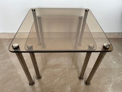 Pair of 2 Massive Chrome and Smoked Glass Nesting Tables / Around 1980s