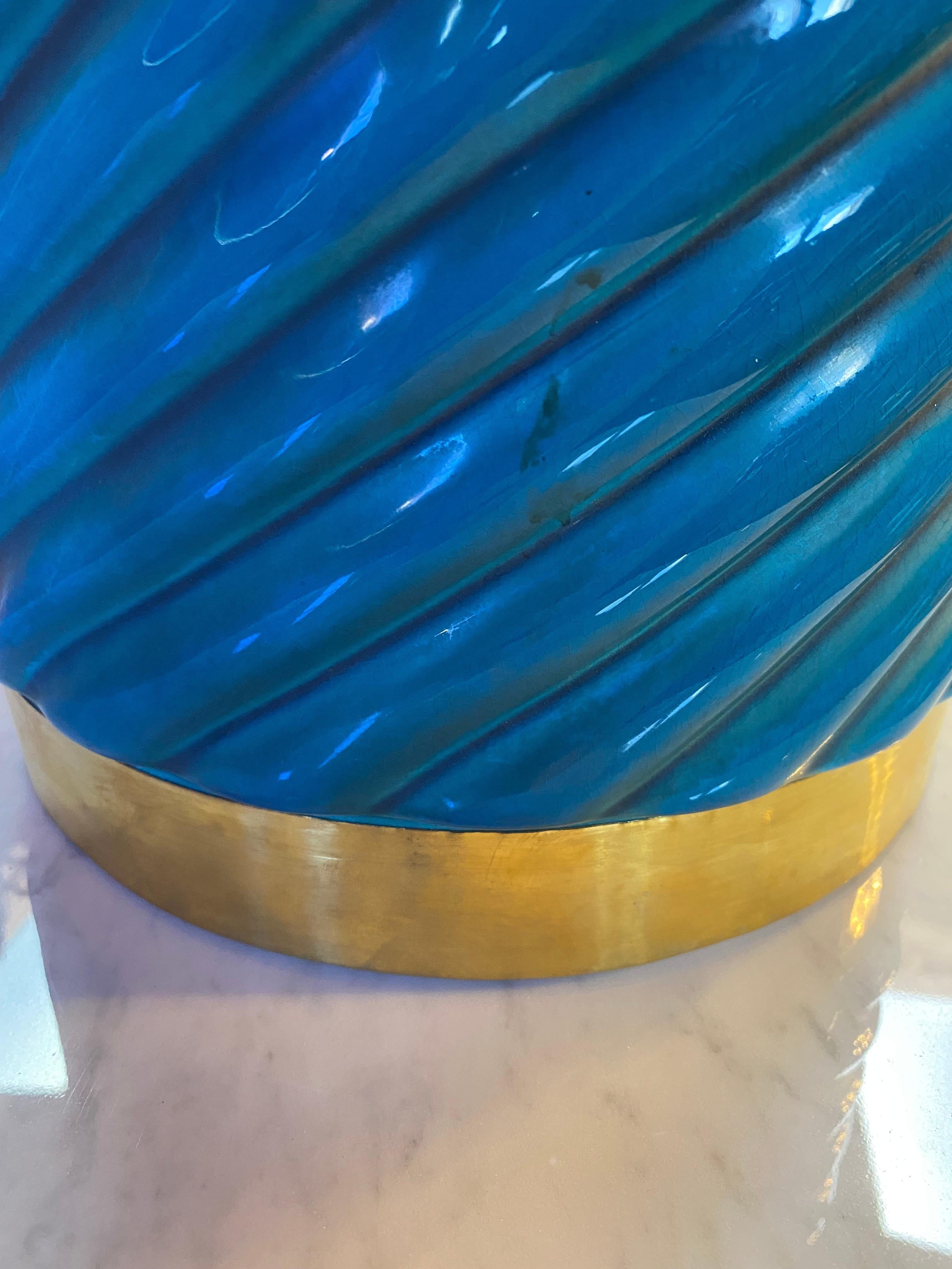Pair of 2 Mid Century Blue and Brass Table Lamp Italy 1980s In Good Condition In Los Angeles, CA