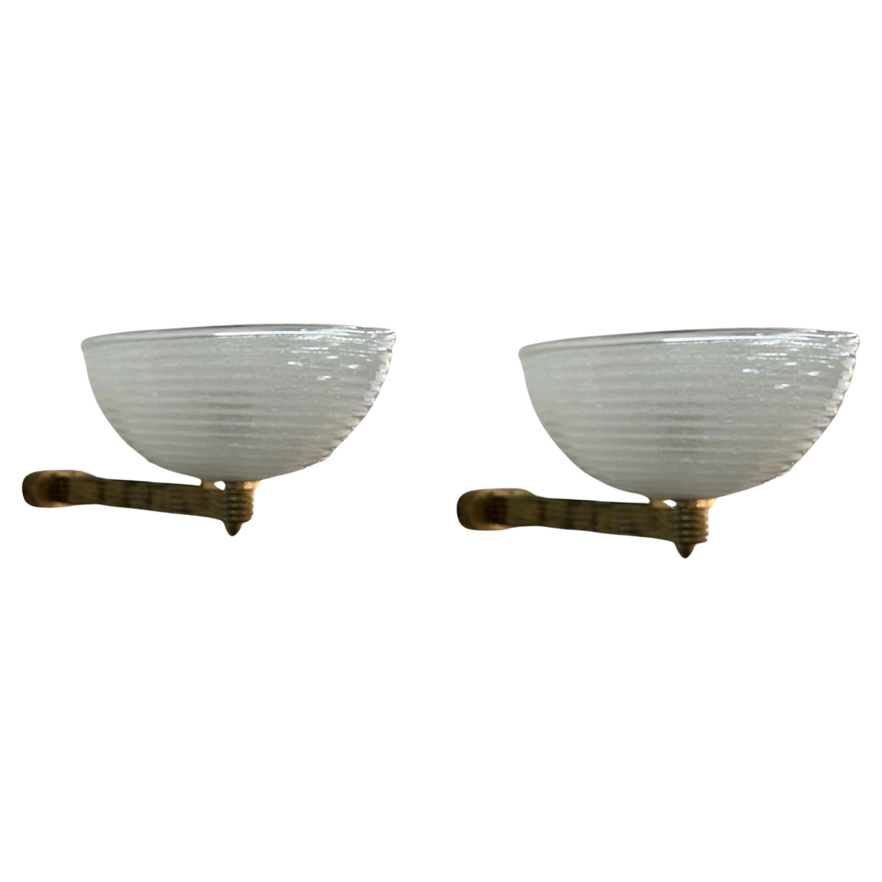 Pair of 2 Mid Century Brass And Murano Glass Wall Sconces 1960s For Sale