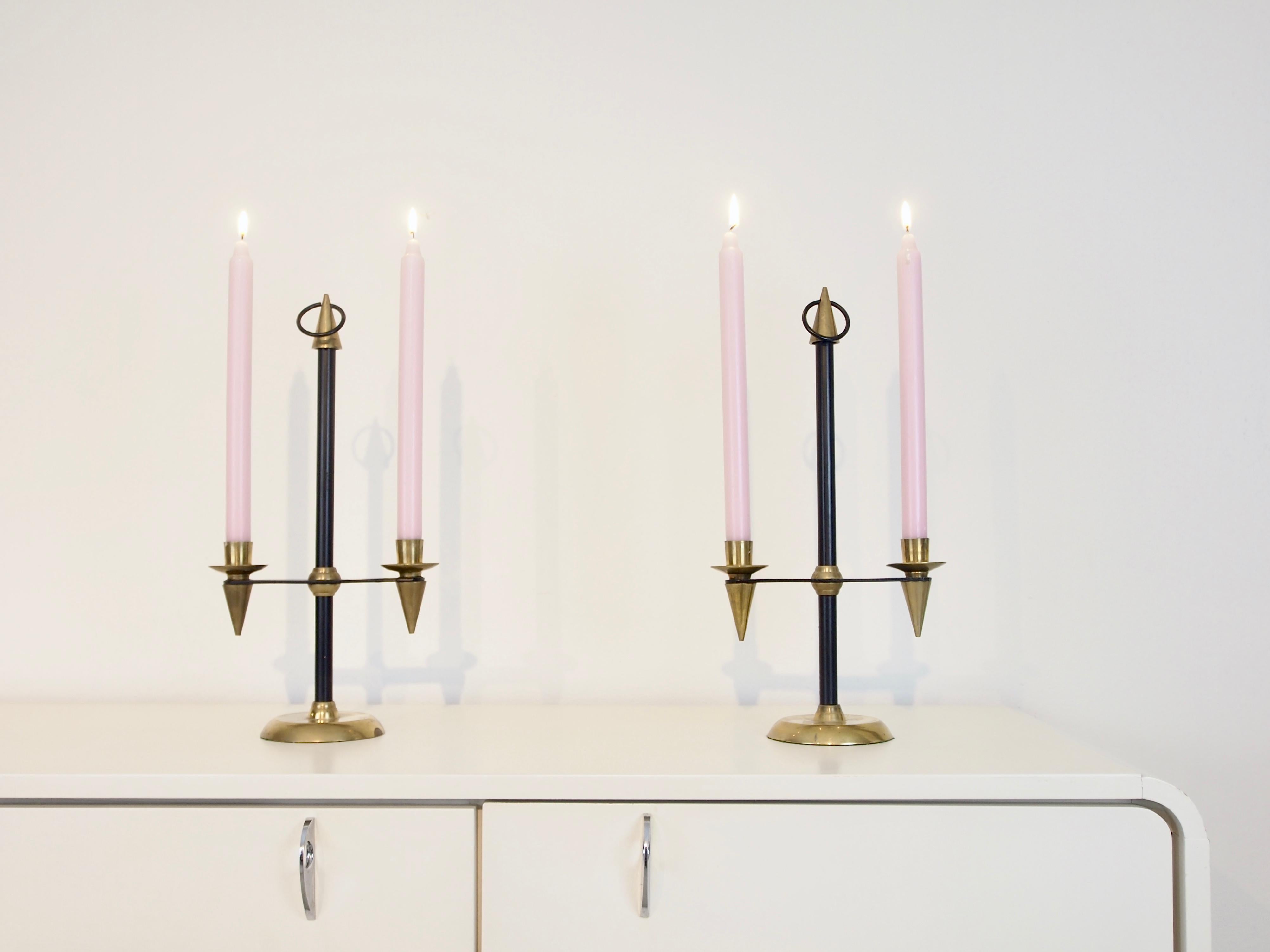 Mid-Century Modern Pair of 2 Midcentury Gio Ponti Style Brass Candlesticks