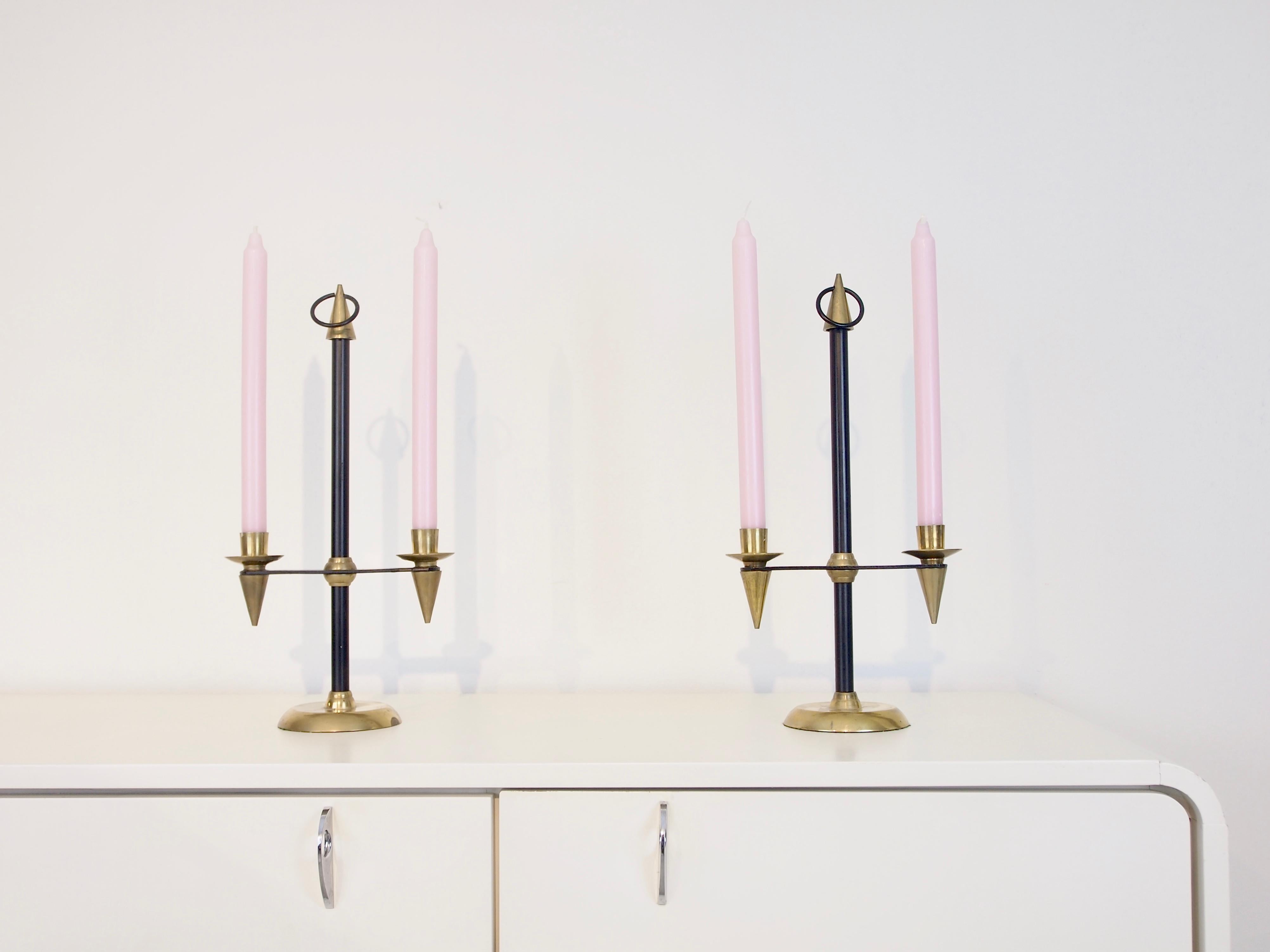 European Pair of 2 Midcentury Gio Ponti Style Brass Candlesticks