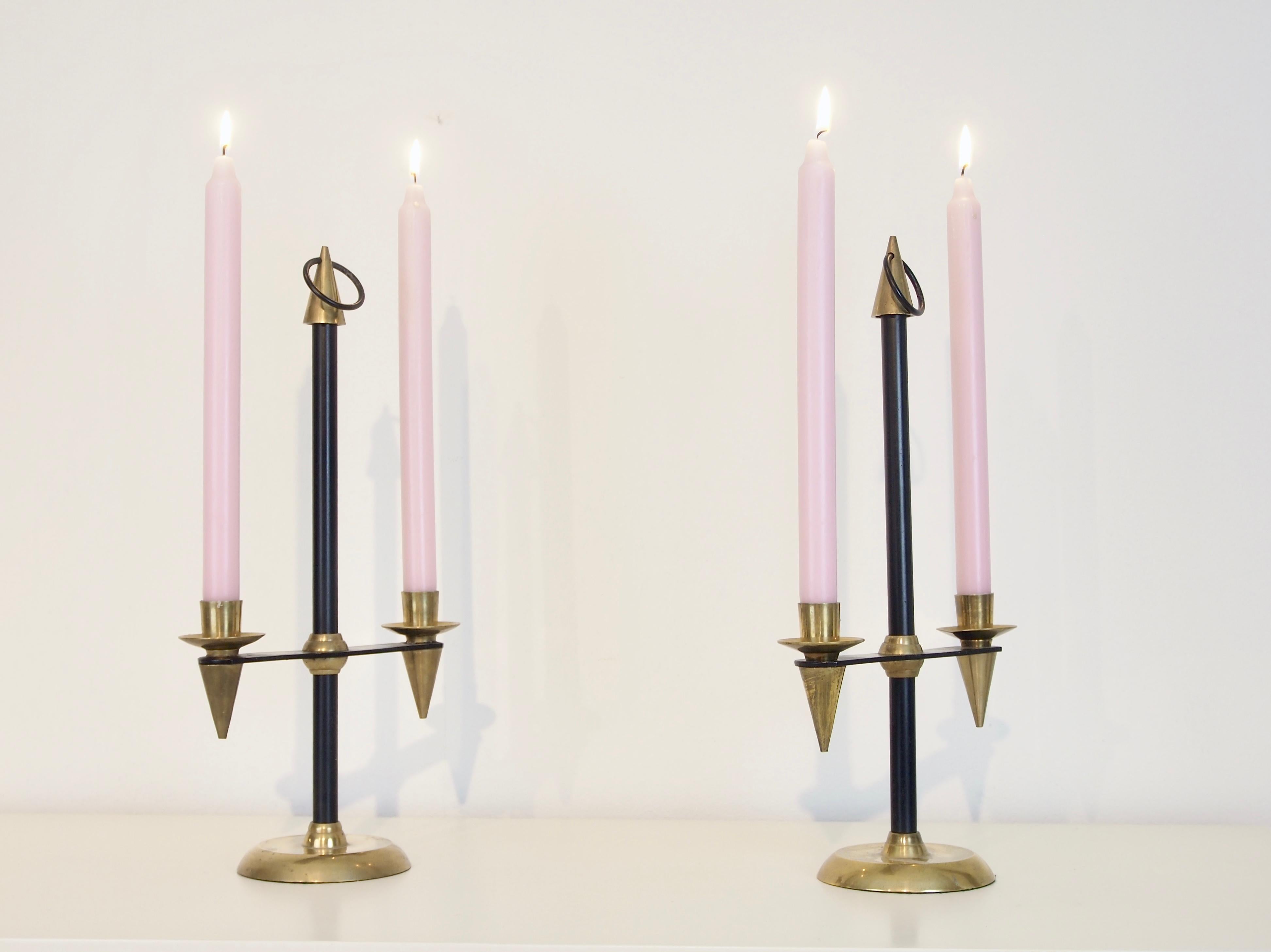 Pair of 2 Midcentury Gio Ponti Style Brass Candlesticks In Good Condition In Hilversum, Noord Holland