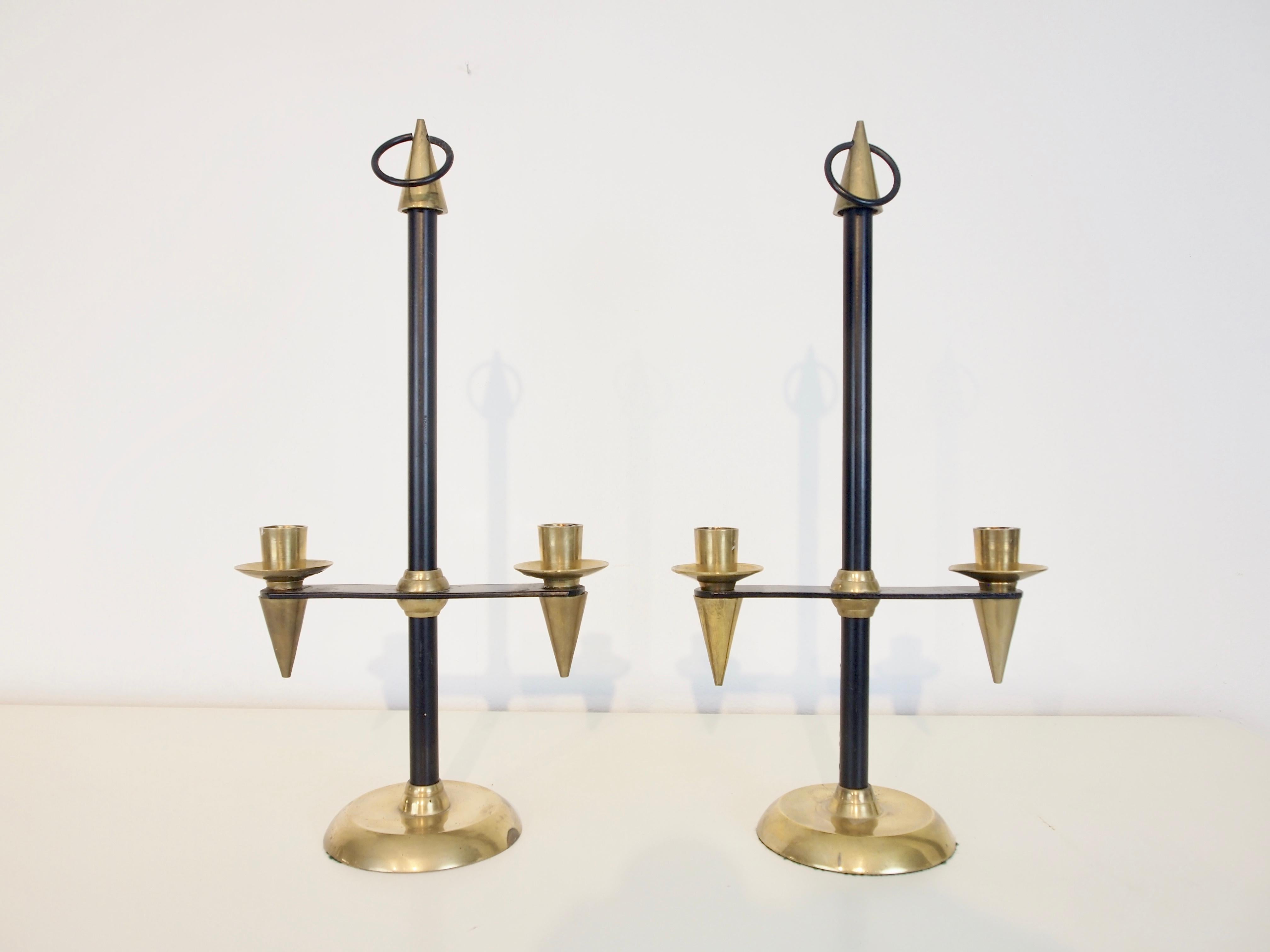 Metal Pair of 2 Midcentury Gio Ponti Style Brass Candlesticks