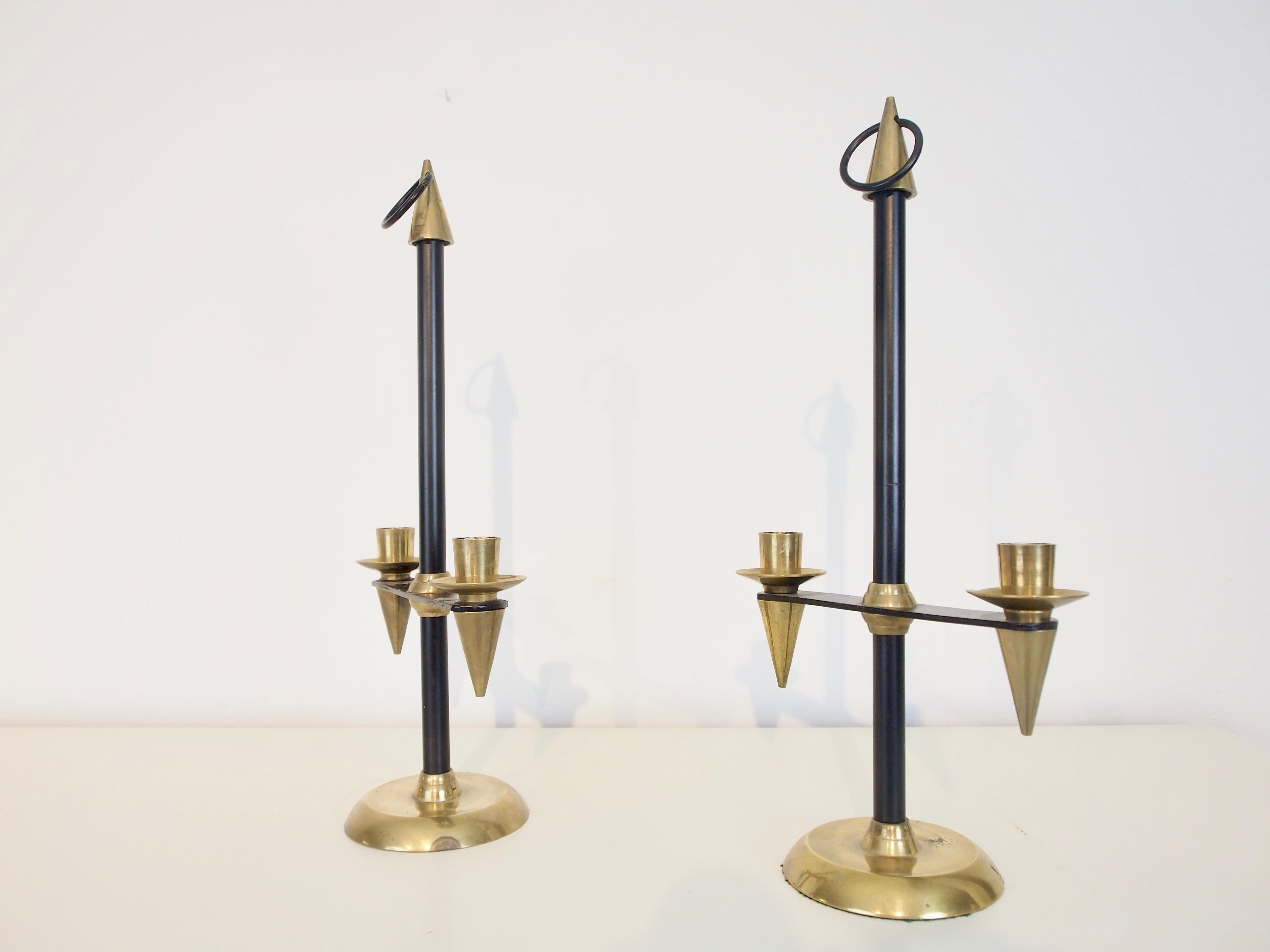Pair of 2 Midcentury Gio Ponti Style Brass Candlesticks 1