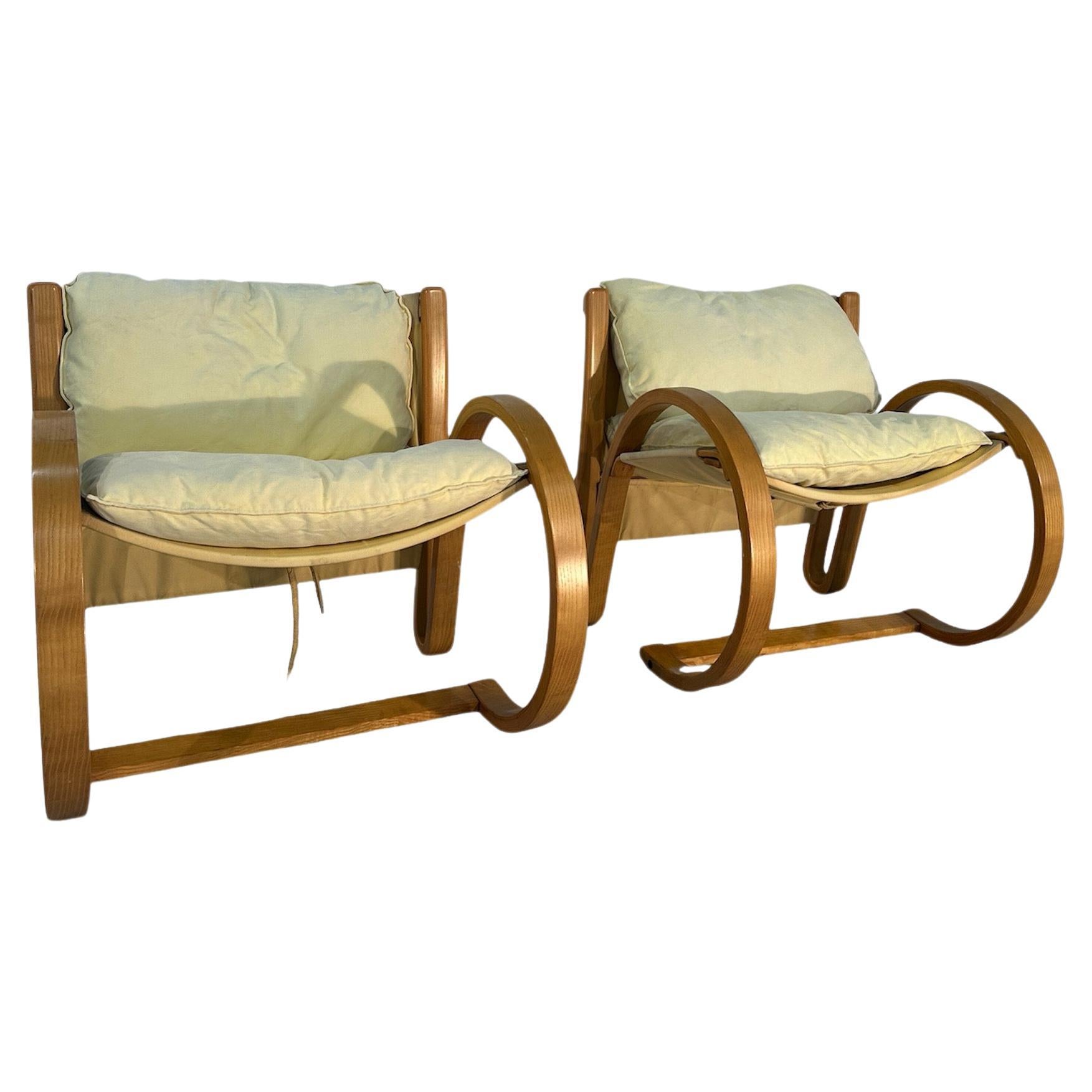 Pair of 2 Mid Century Italian Alvar Alto Lounge Chairs 1980s