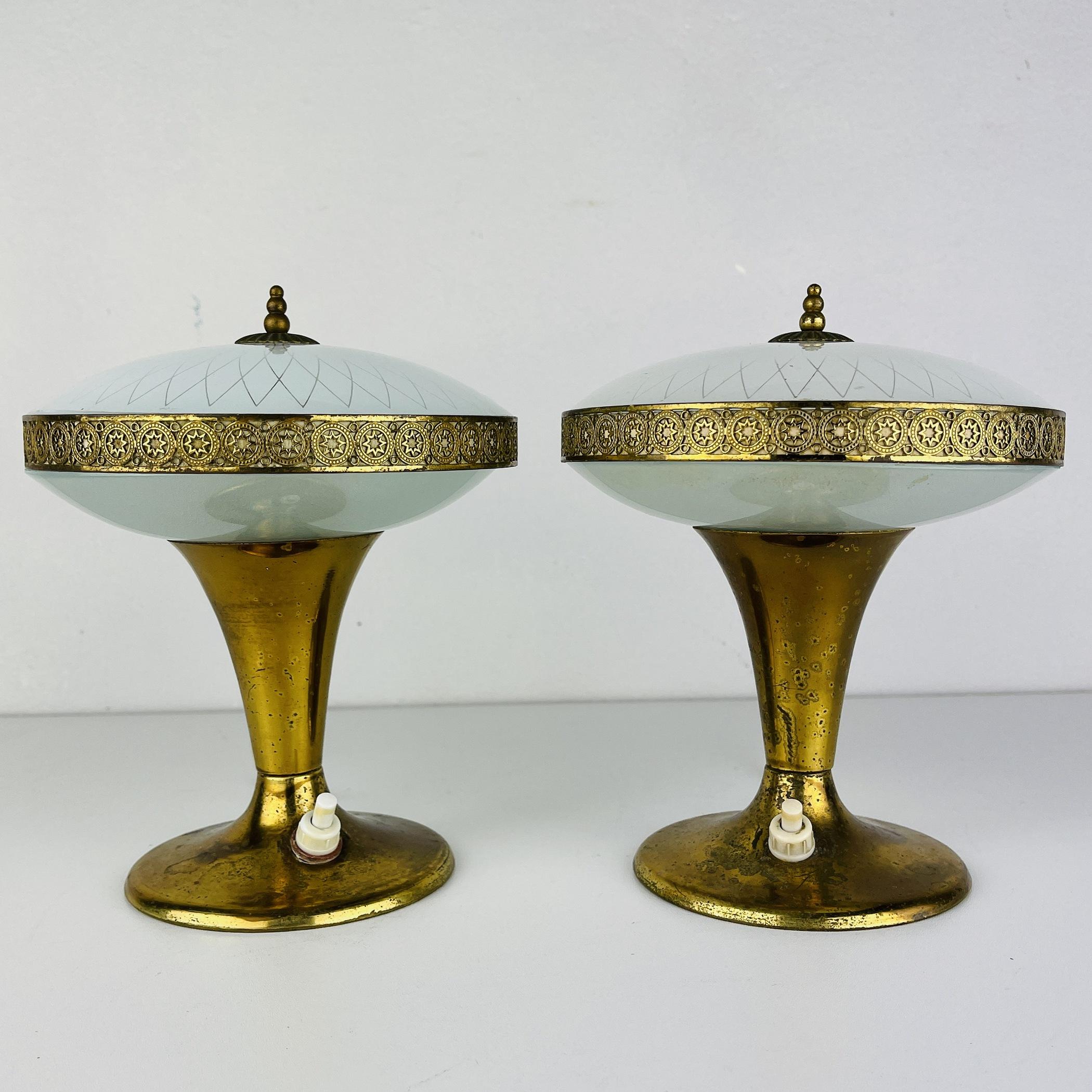 Brass Pair of 2 Mid-Century Table Lamps Italy 1950s Space Age Light UFO