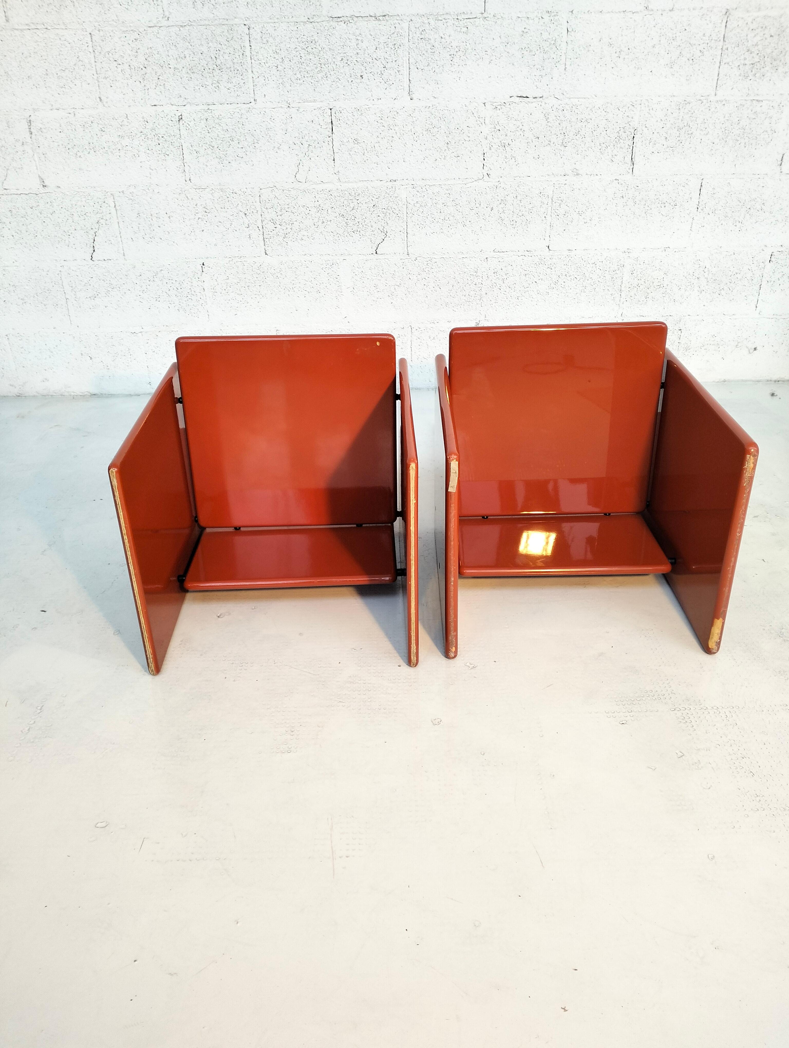 Lacquered Pair of 2 orange Kazuki chairs by Kazuhide Takahama for Simon 60s, 70s