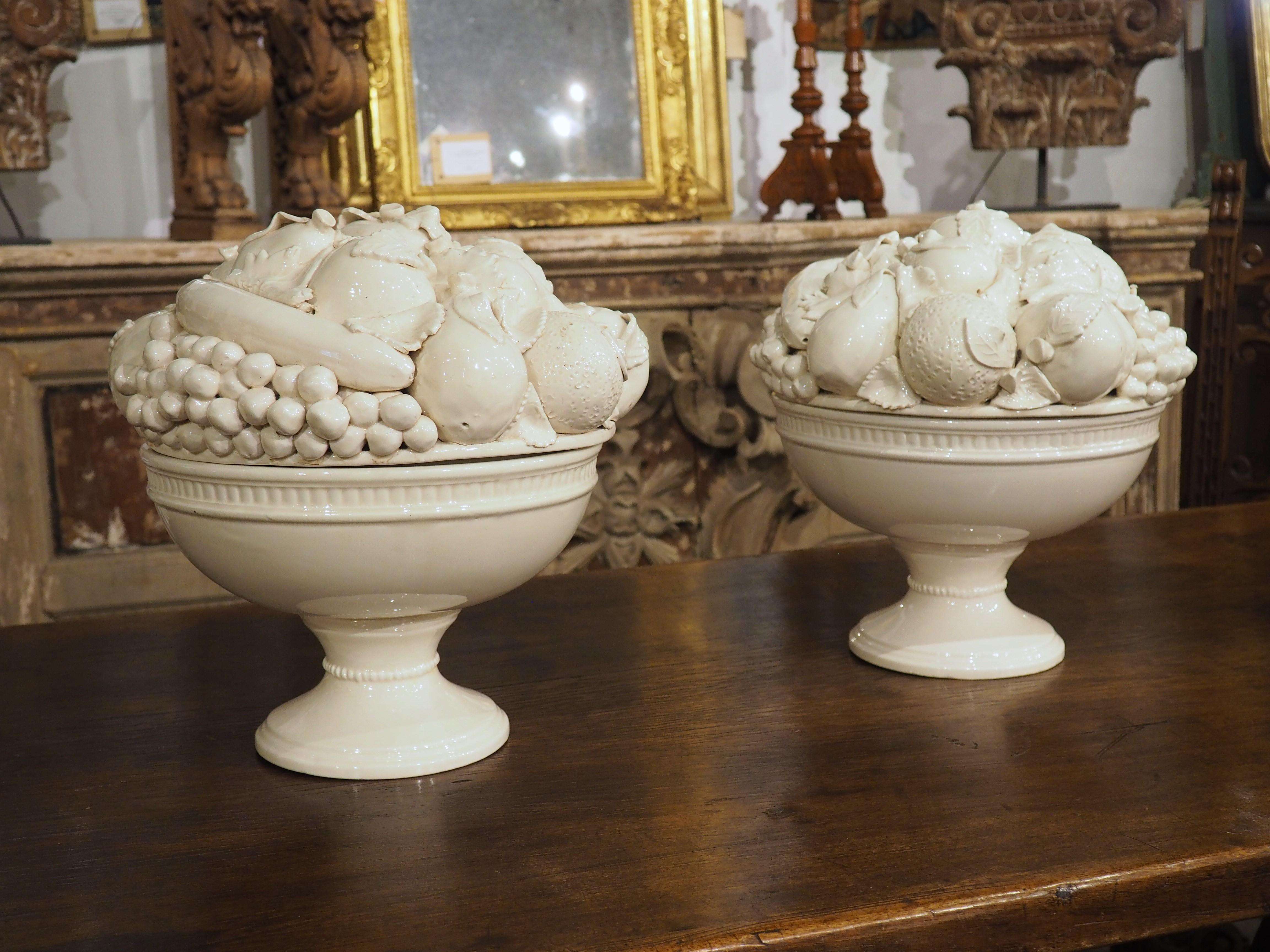 20th Century Pair of 2-Piece Italian Creamware Fruit Bowls, 20th C