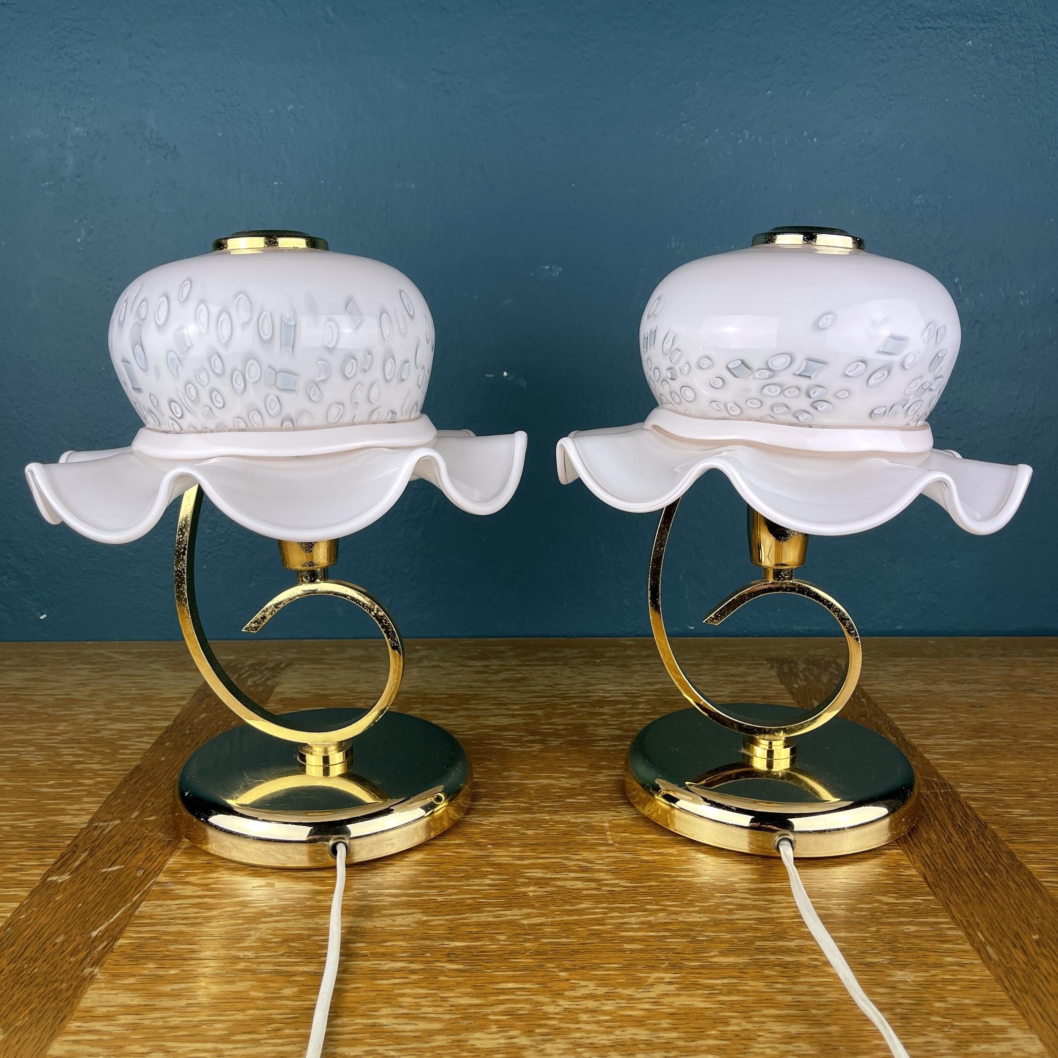 Pair of 2 Pink Murano Table Lamps Italy 1980s Woman's Hat Murano Lamp For Sale 1