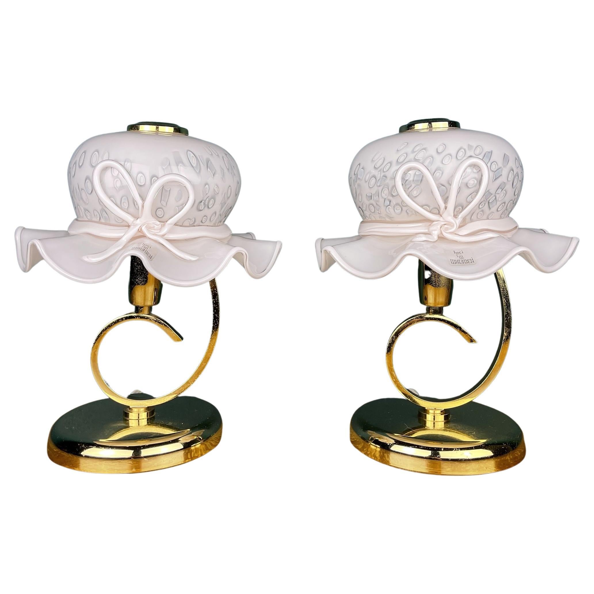 Pair of 2 Pink Murano Table Lamps Italy 1980s Woman's Hat Murano Lamp For Sale